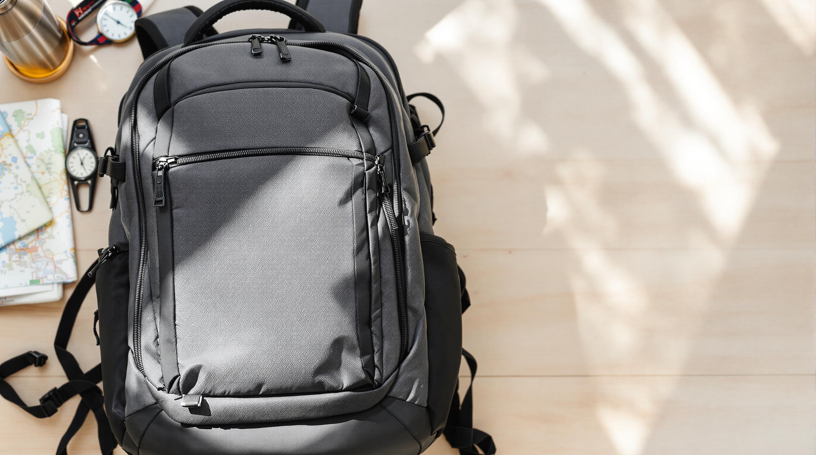 Sac à dos gris posé sur une table en bois accompagnée d'une carte, d'une montre et d'une gourde.