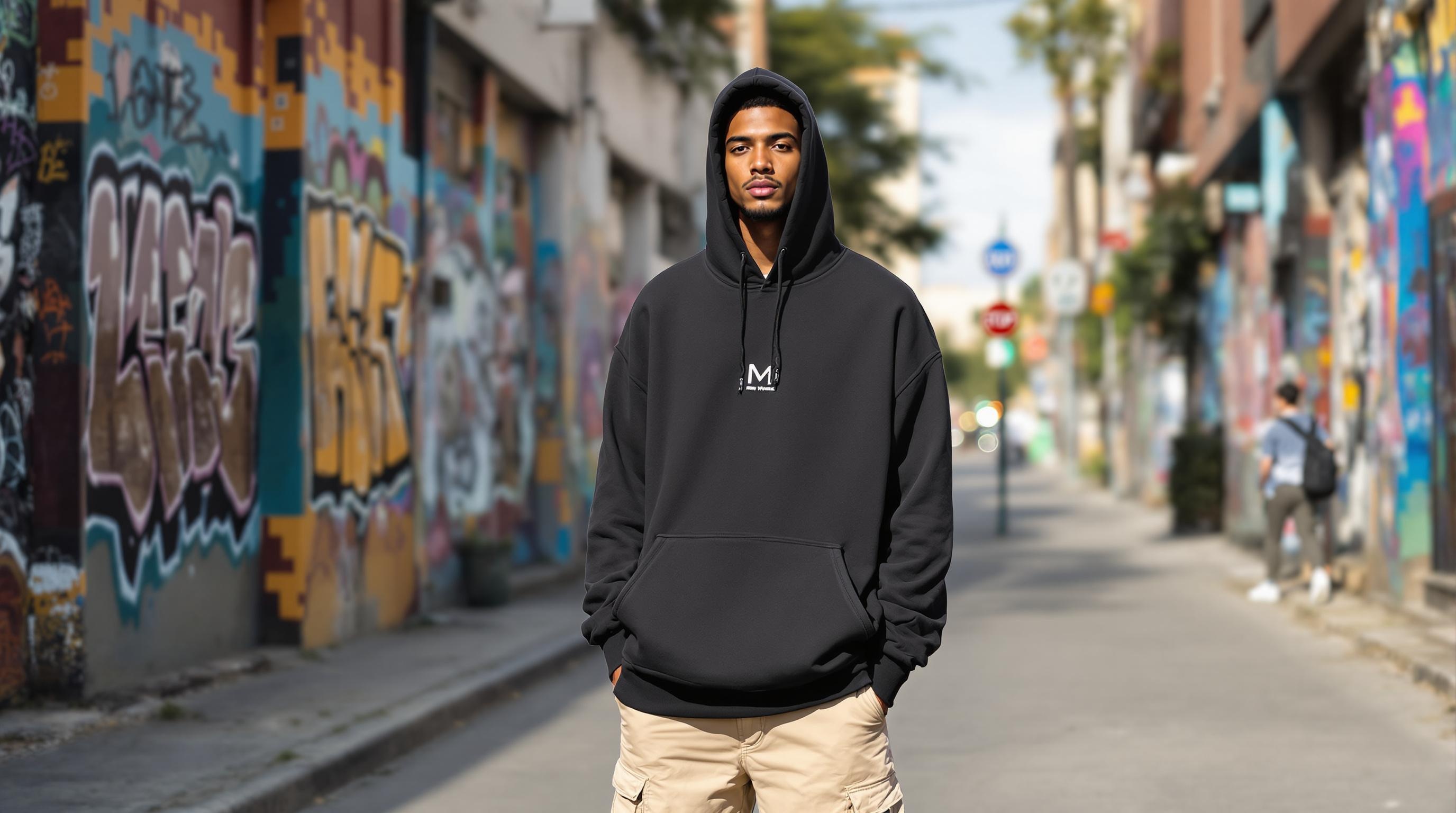 Un homme portant un sweat-shirt noir à capuche, debout dans une rue bordée de murs avec des graffitis colorés.