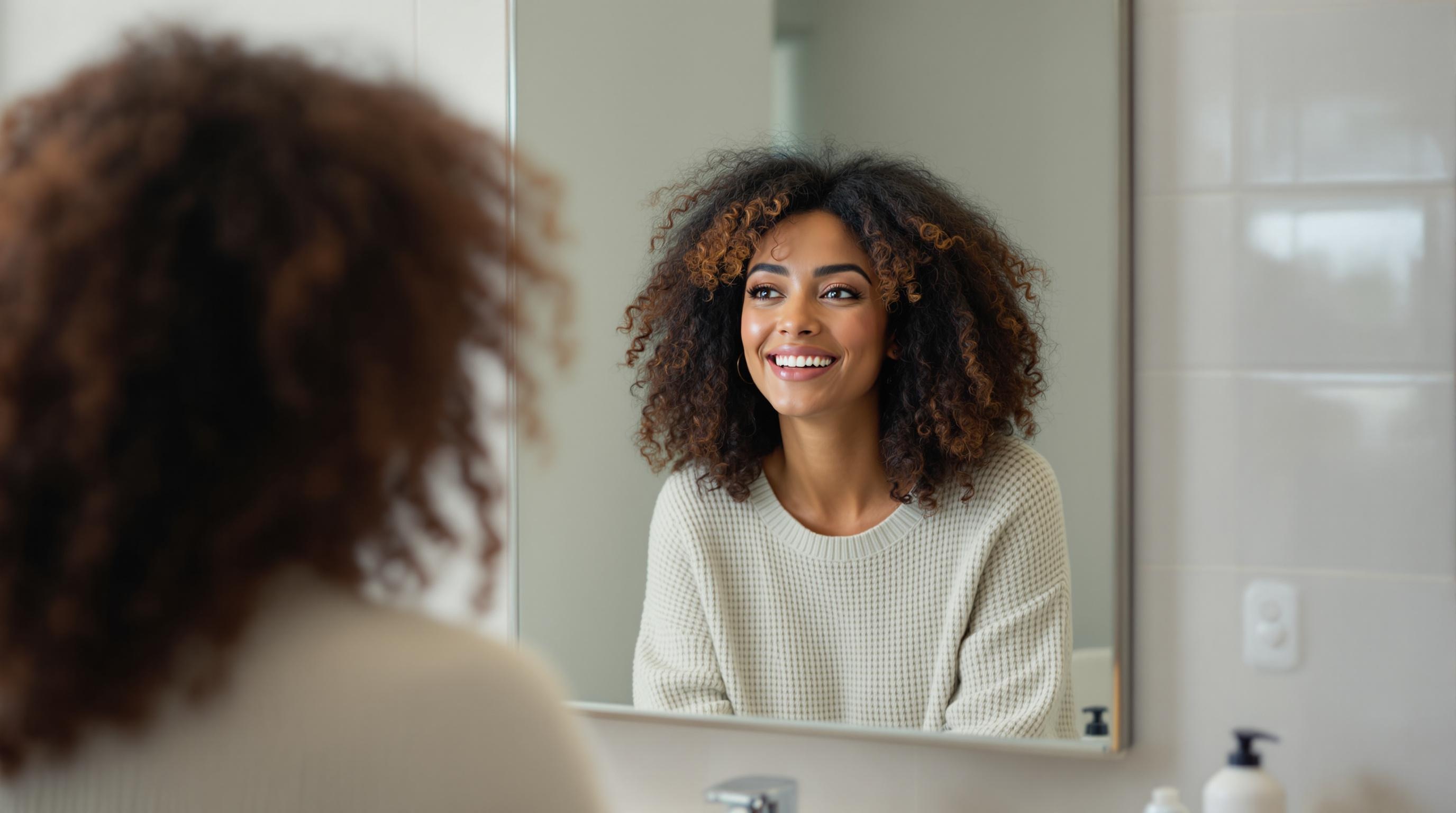 Une femme souriante se regarde dans le miroir d'une salle de bain.