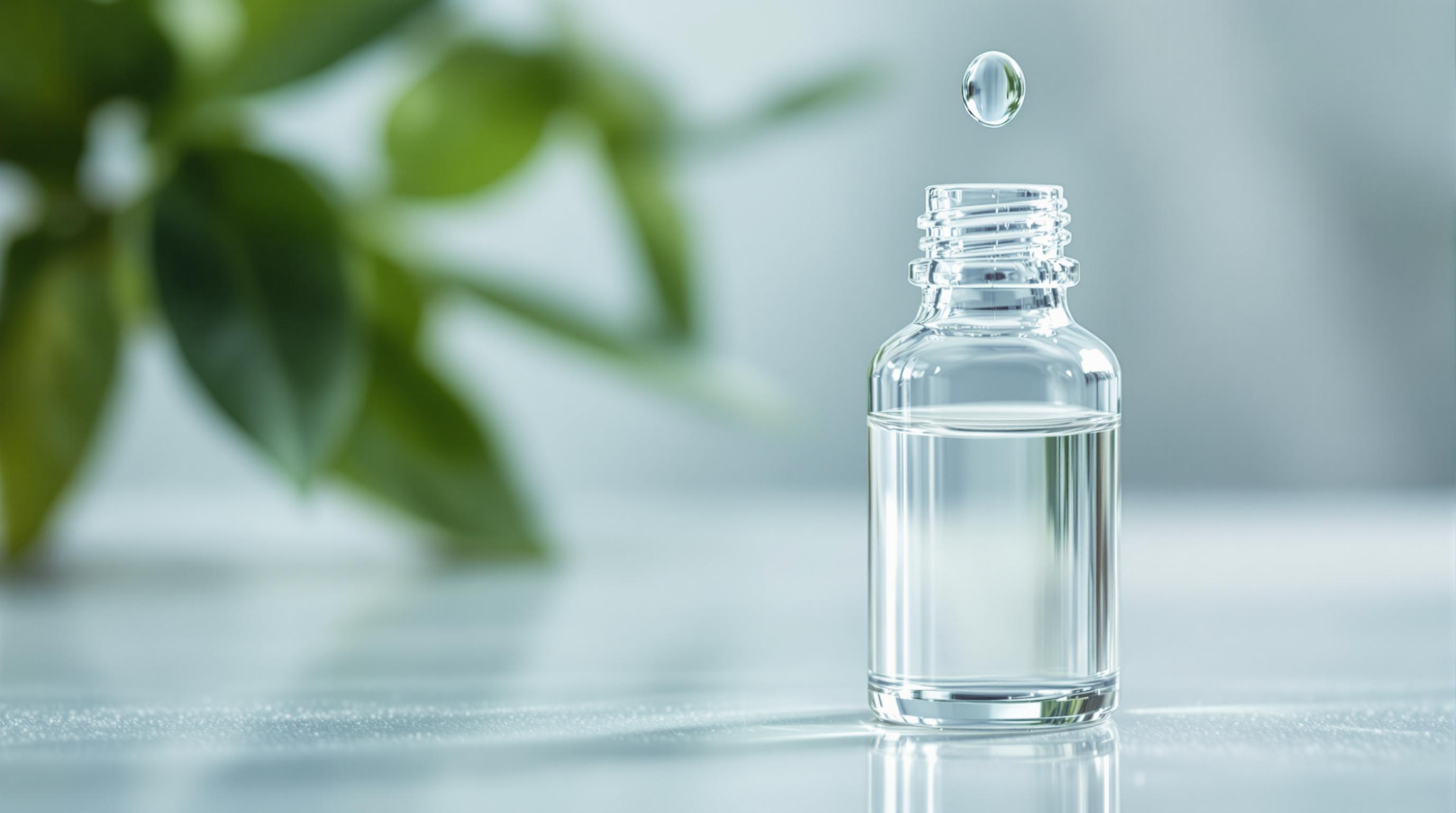 Flacon transparent avec une goutte flottant au-dessus, et arrière-plan de feuilles floues.