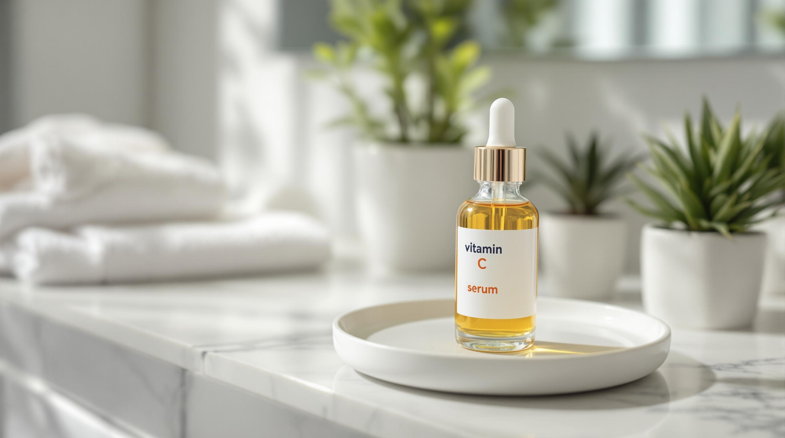 Une bouteille de sérum à la vitamine C posée sur une assiette blanche dans une salle de bain lumineuse, entourée de serviettes blanches et de plantes en pot.
