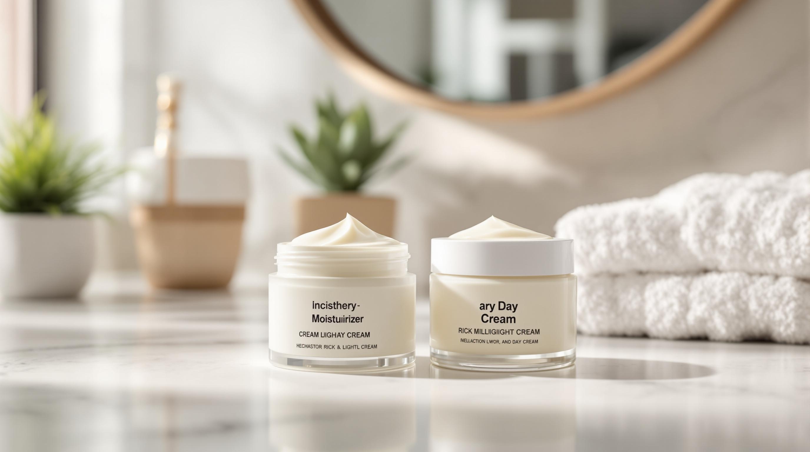 Deux pots de crème hydratante sur une surface de salle de bain en marbre, entourés de plantes vertes, de serviettes blanches et d'un miroir flou en arrière-plan.
