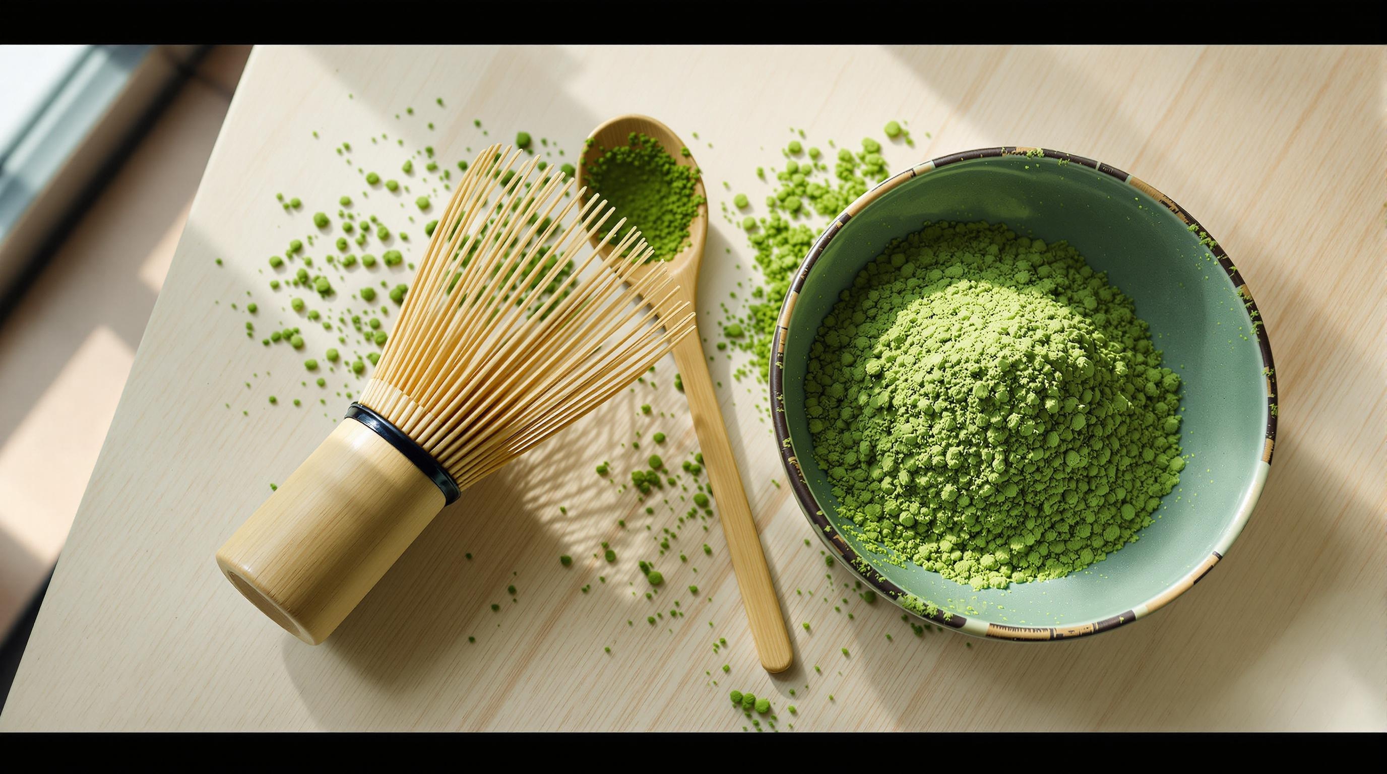 Un bol de matcha en poudre avec une cuillère en bois et un fouet à matcha en bambou sur une table éclairée par le soleil.