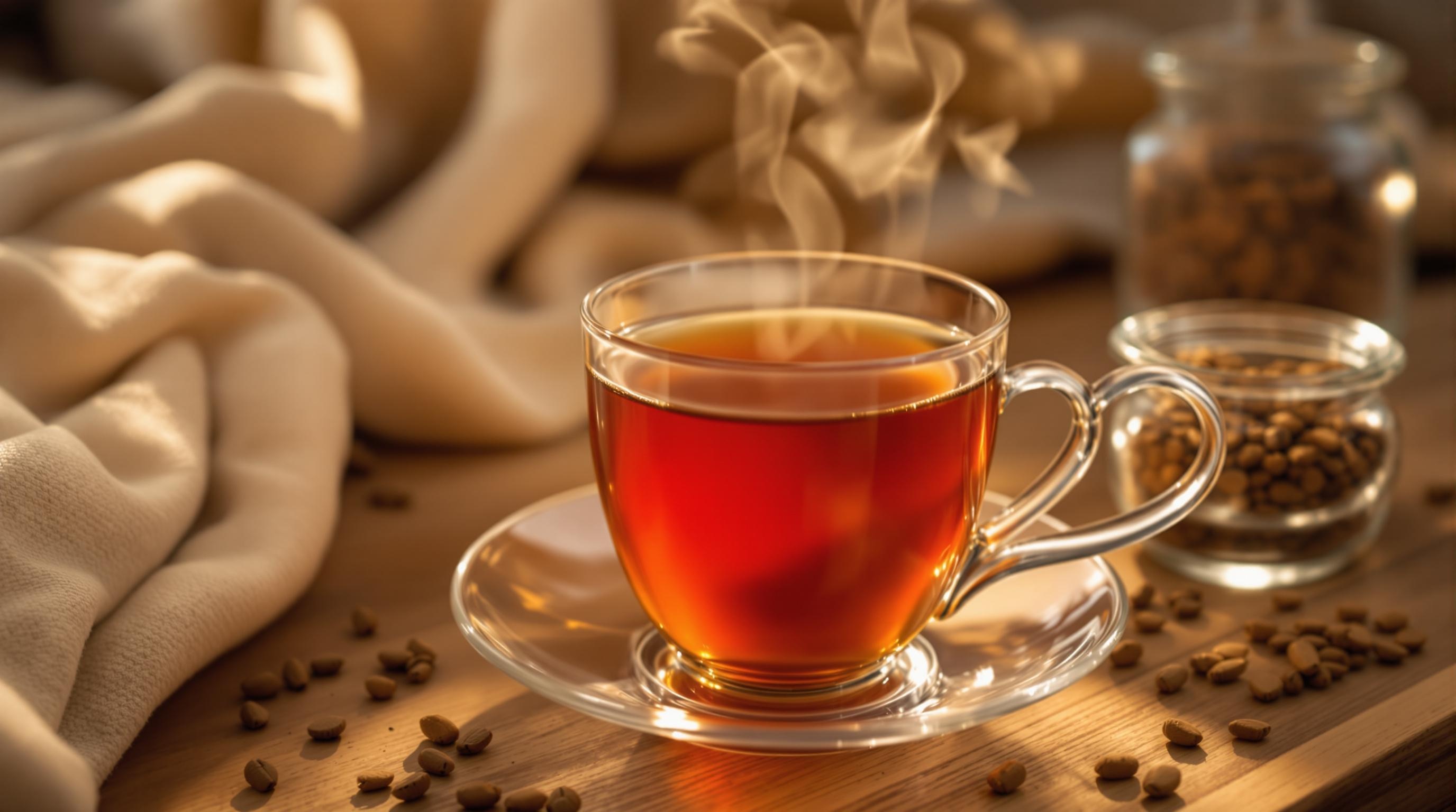 Une tasse de thé chaud fumant sur une soucoupe en verre, entourée de grains de café, de bocaux et d'un tissu en arrière-plan.