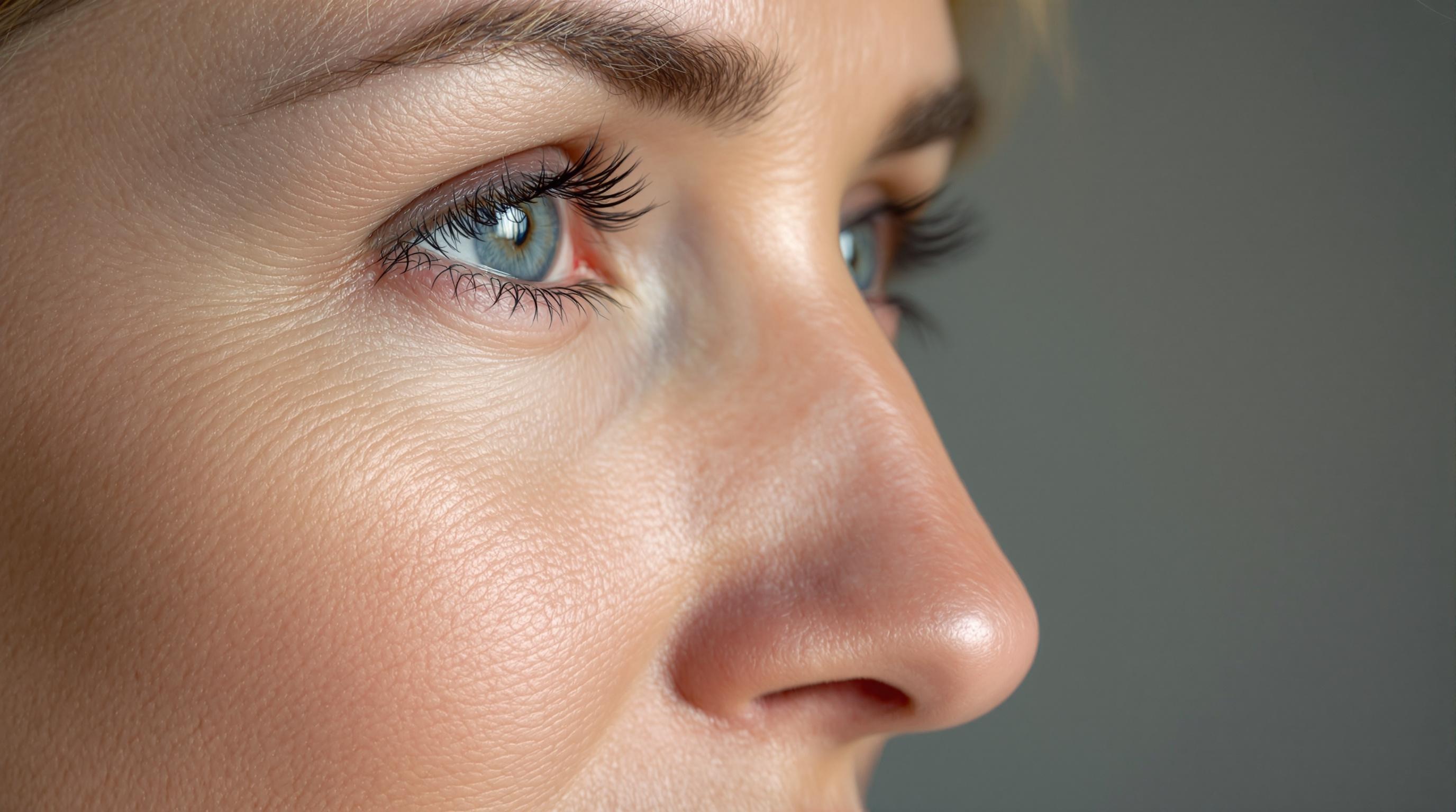 Gros plan sur le visage d'une personne, mettant en évidence les yeux, les cils et la texture de la peau.