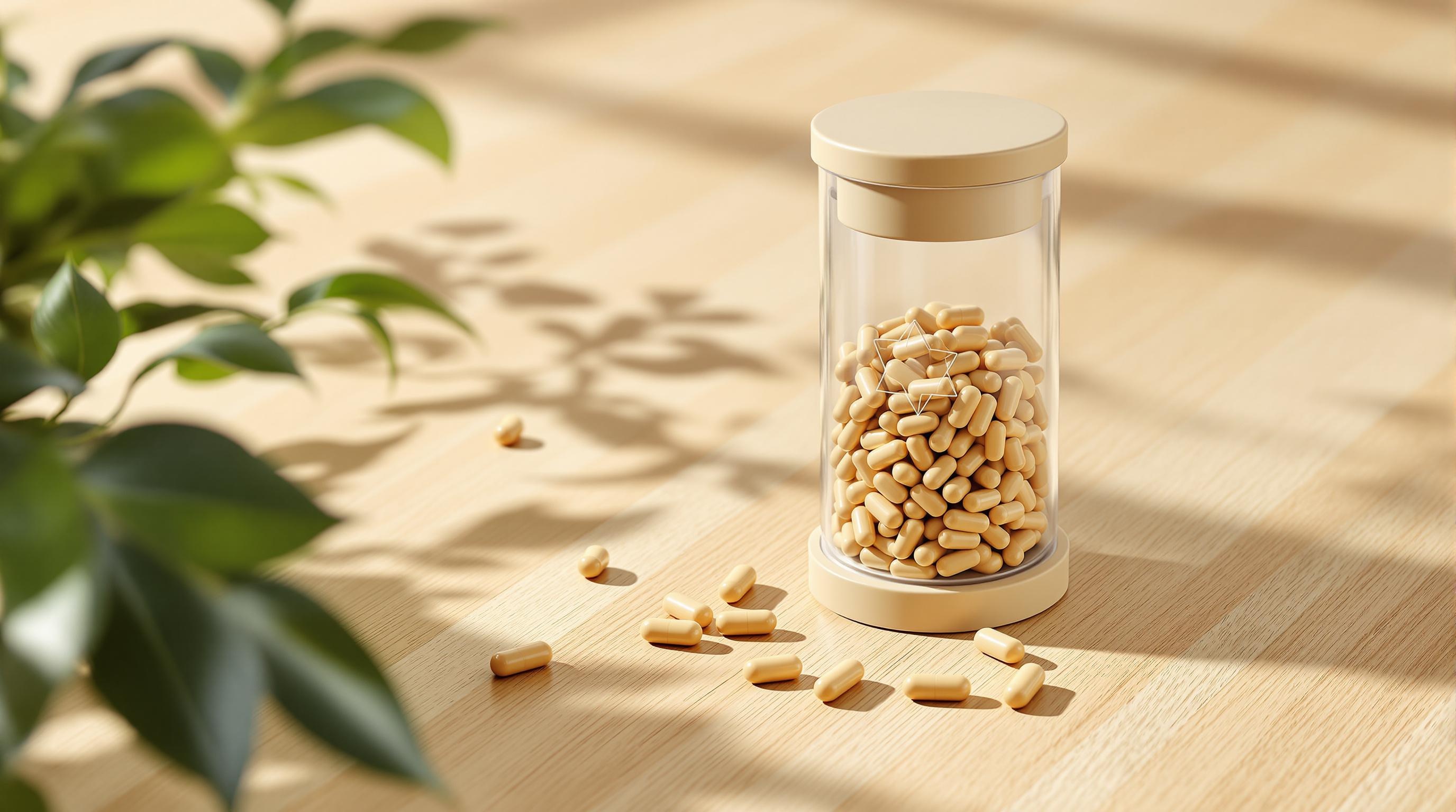 Bottle filled with yellow capsules placed on a wooden table with blurred leaves in the background.