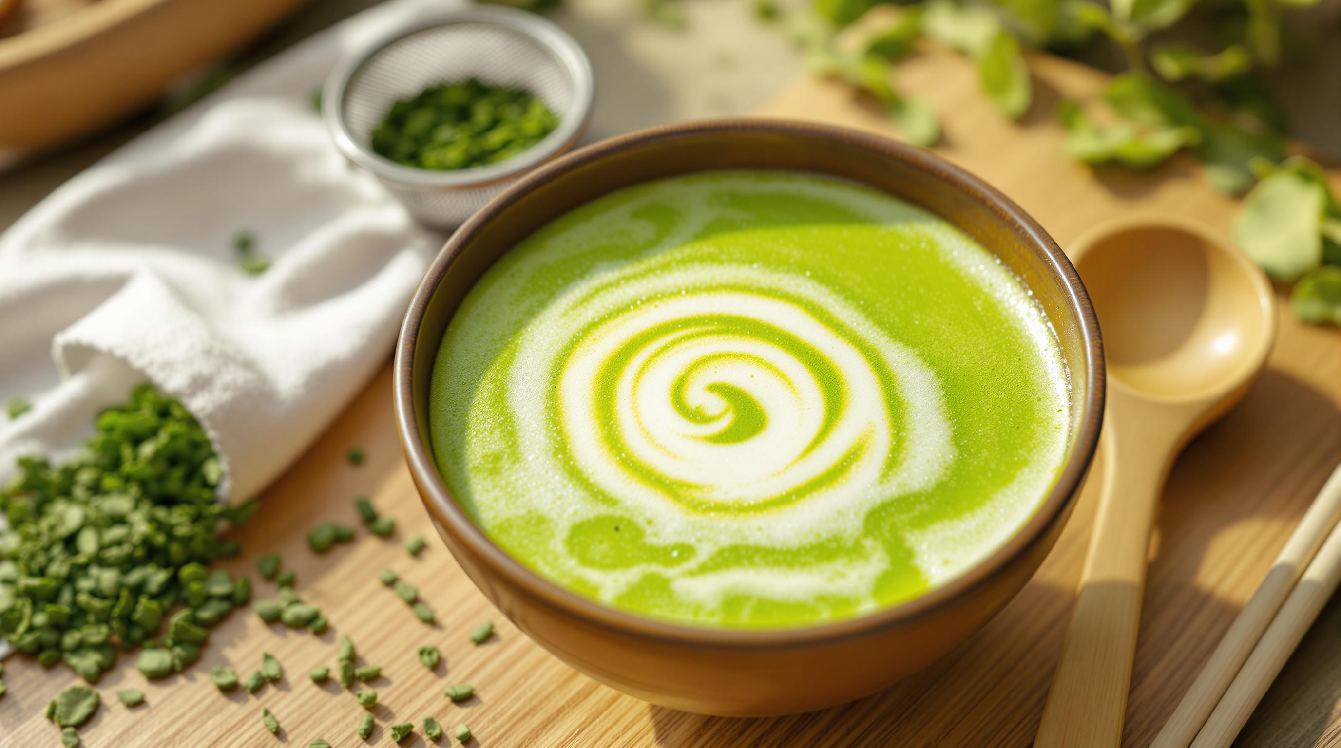Bol de soupe verte avec un design en spirale sur le dessus, accompagné d'une cuillère en bois et d'herbes fraîches sur une table en bois.