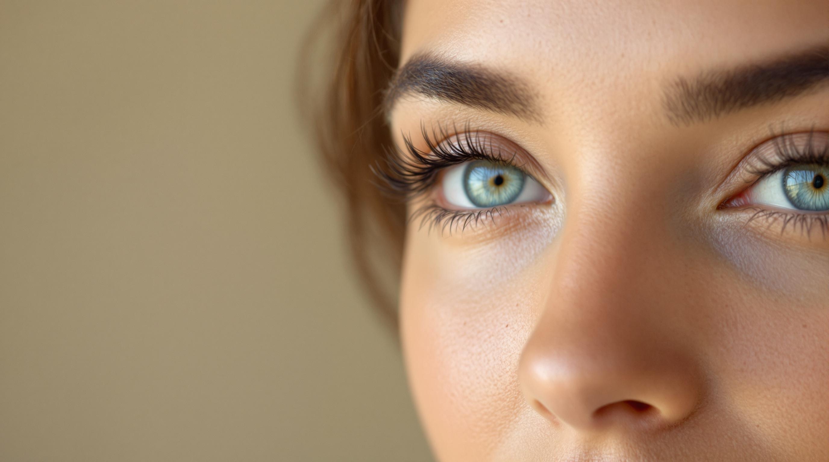 Gros plan sur les yeux bleus d'une femme avec un maquillage naturel.