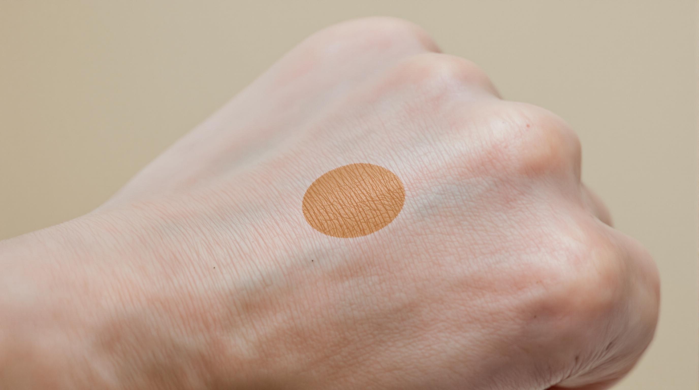 Un échantillon de fond de teint appliqué sur la peau d'une main.