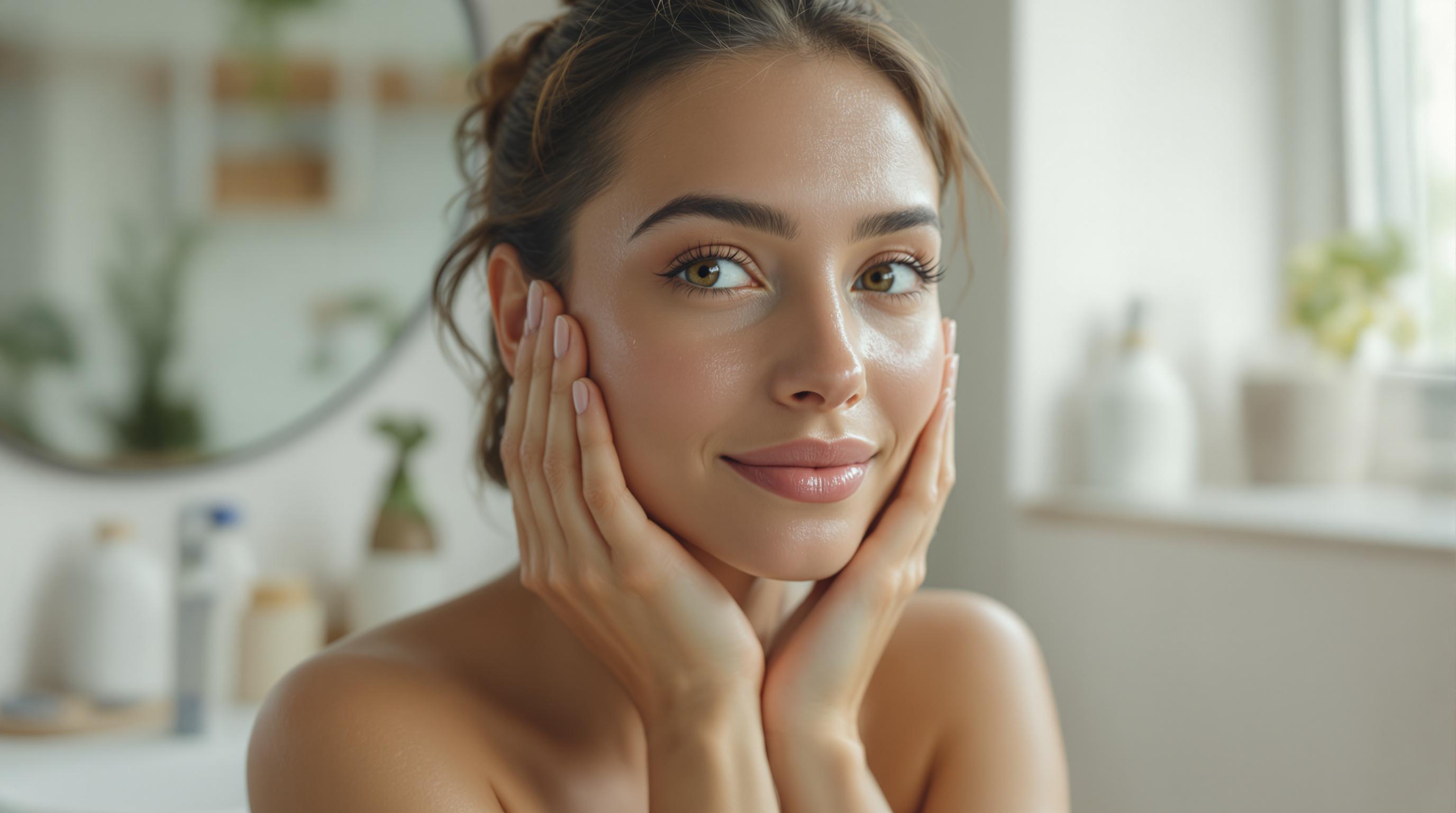 Une femme souriante posant avec ses mains sur son visage dans une salle de bain lumineuse.