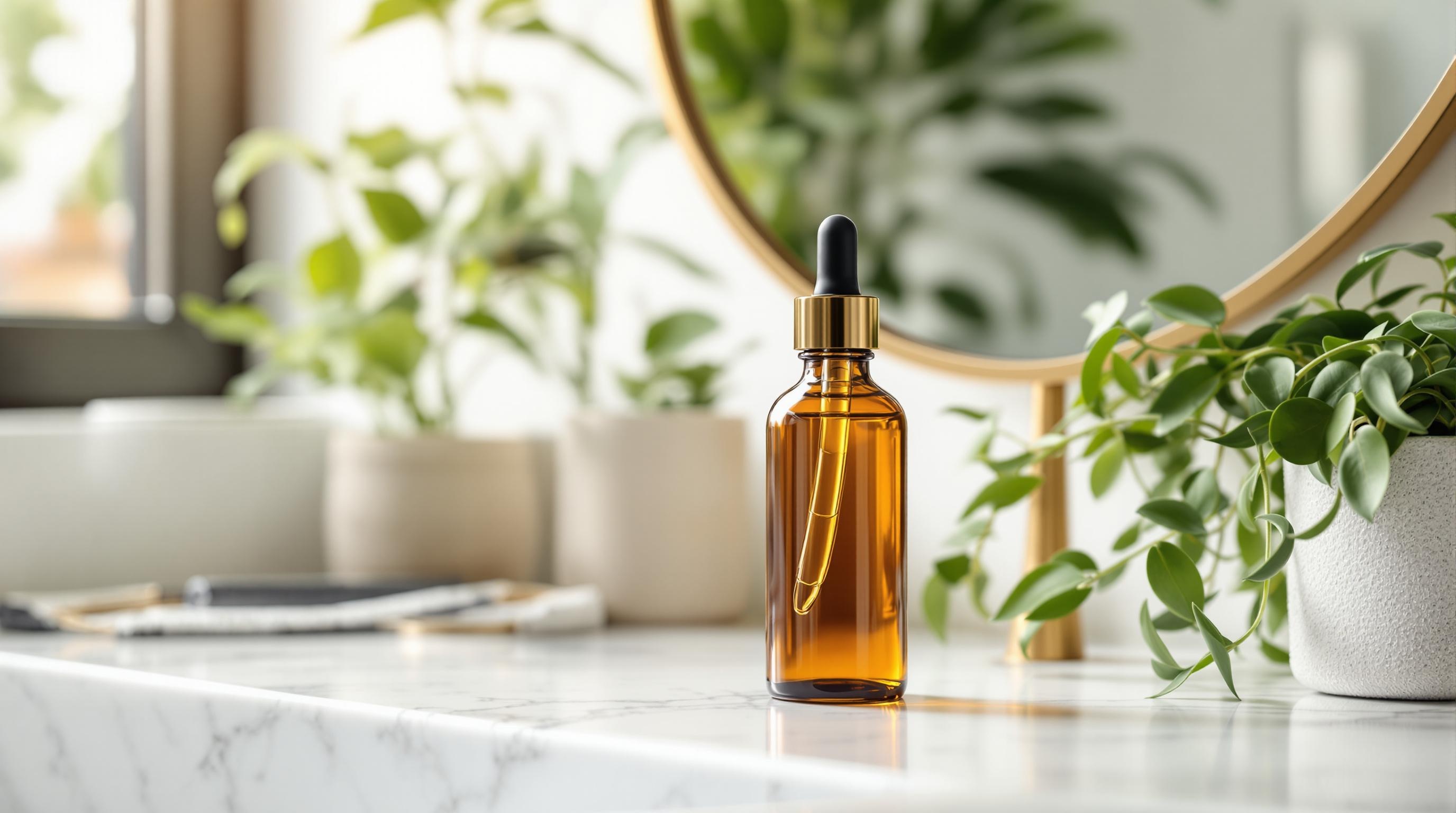 Amber glass bottle with dropper, set on a marble surface, surrounded by plants and a round mirror in the background.