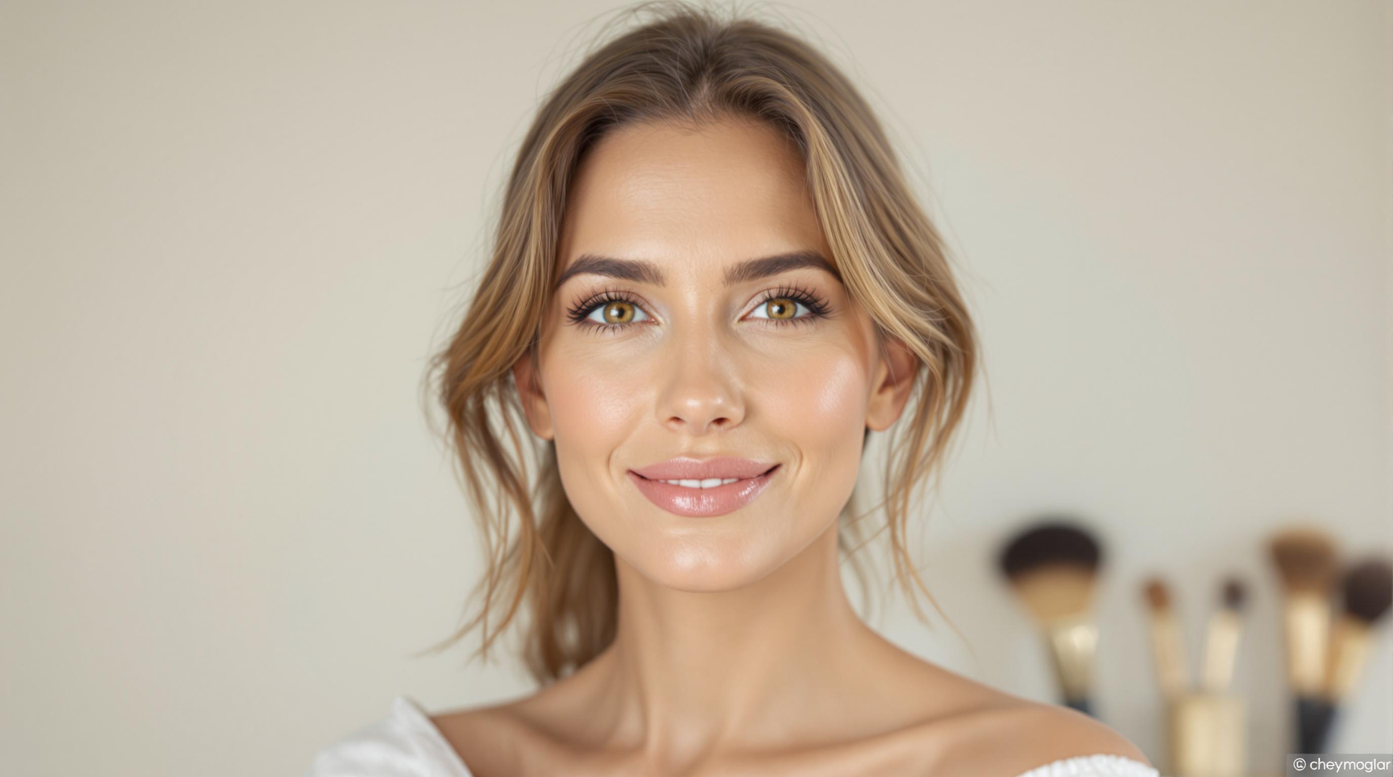 Retrato de una mujer sonriente con el pelo rubio en un entorno neutro con pinceles de maquillaje de fondo.