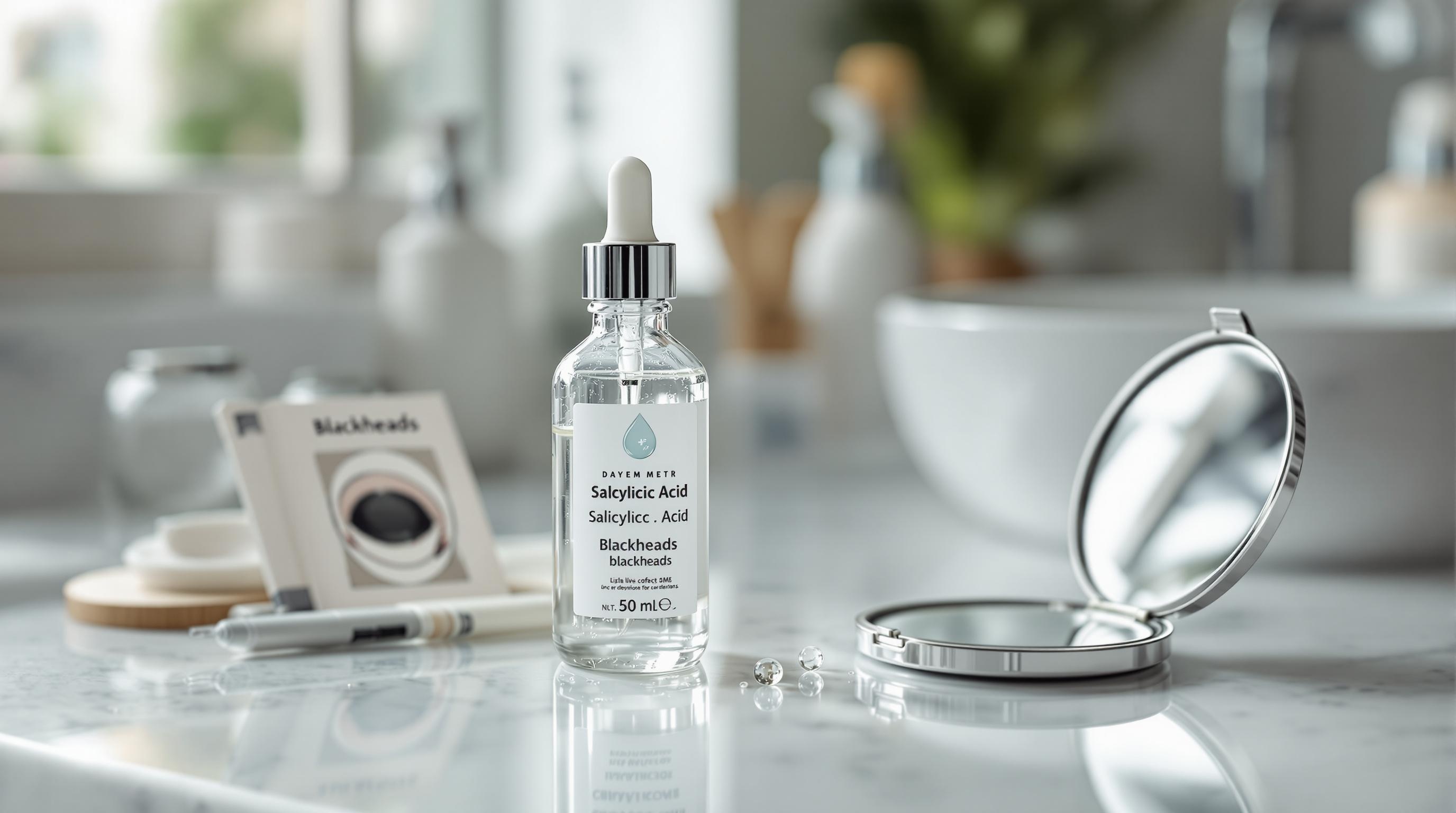 Flacon de sérum à l'acide salicylique avec compte-gouttes posé sur un plan de salle de bains, à côté d'un miroir de poche, d'un paquet pour les points noirs et d'un stylo, ambiance lumineuse et soignée.