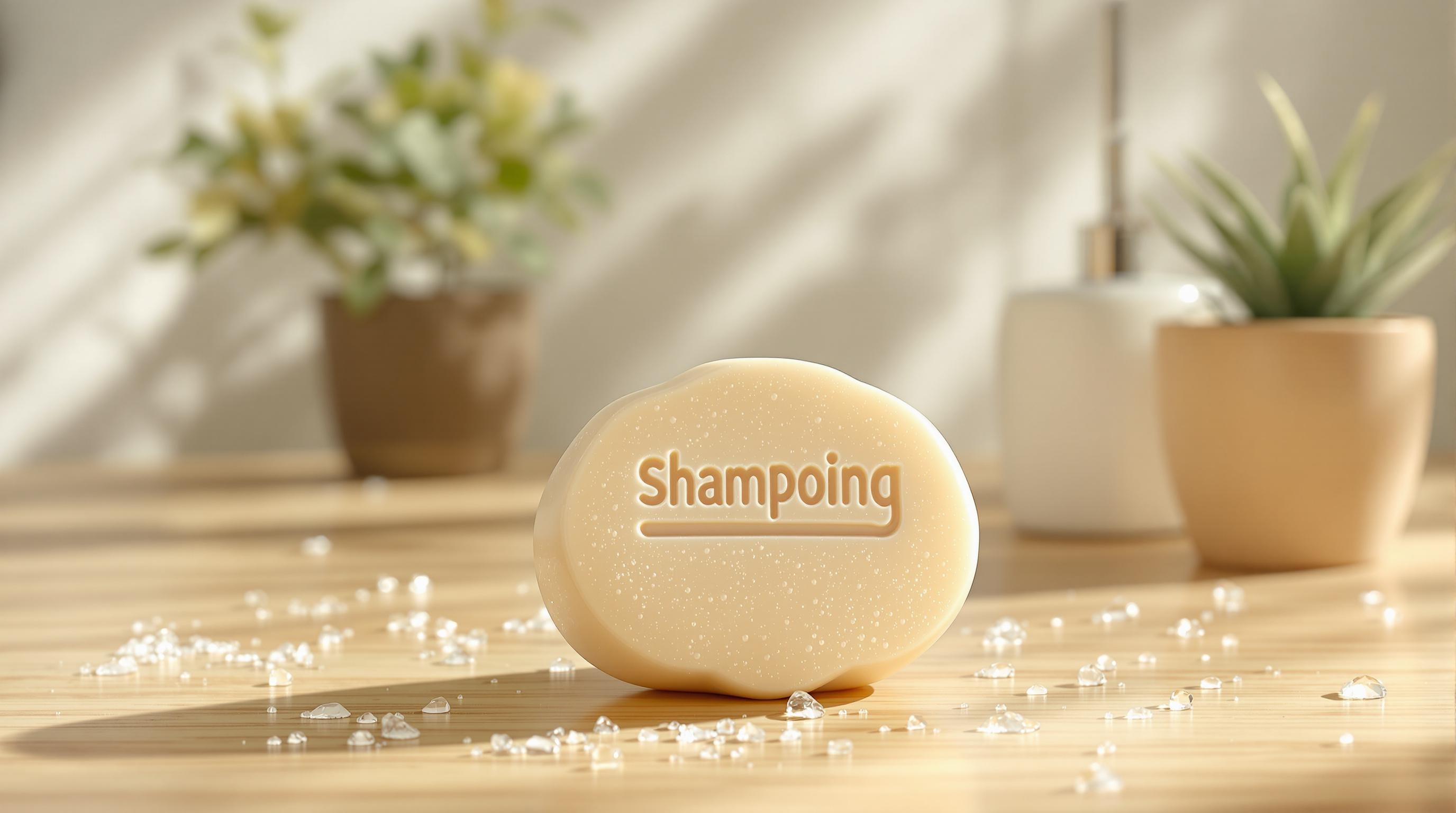 Shampoing solide posé sur une surface en bois, avec des gouttes d’eau et des plantes en pot en arrière-plan.
