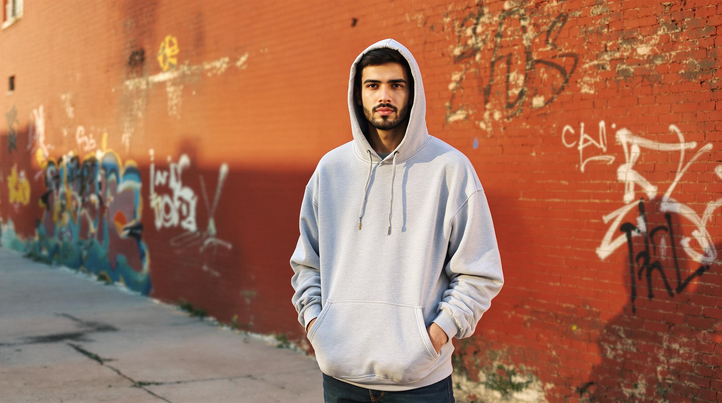 Un homme portant un sweat à capuche gris, debout devant un mur de briques rouges couvert de graffitis.