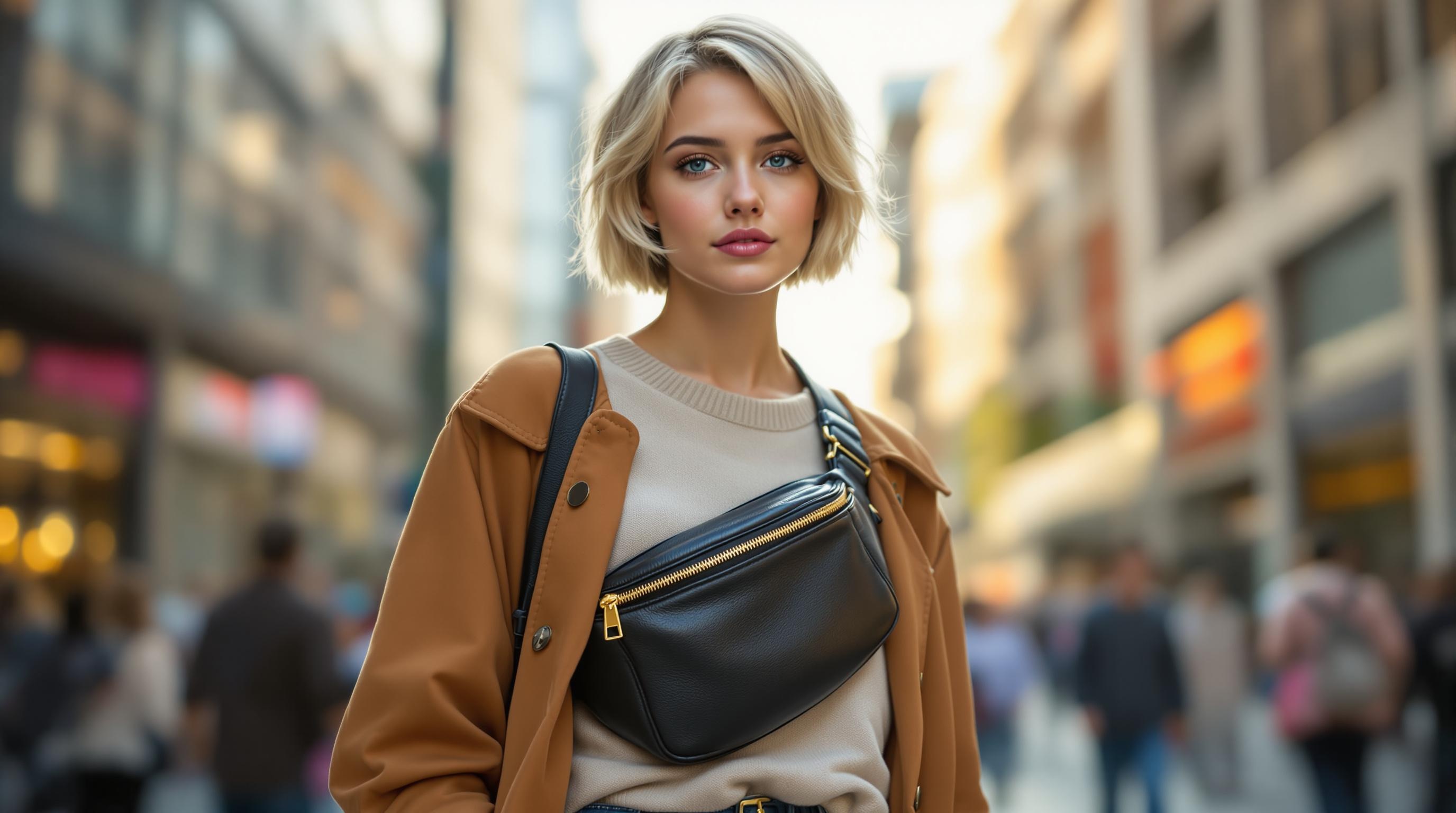 Jeune femme blonde avec un carré court, portant un manteau marron, un pull beige et un sac banane noir, debout dans une rue animée en ville.