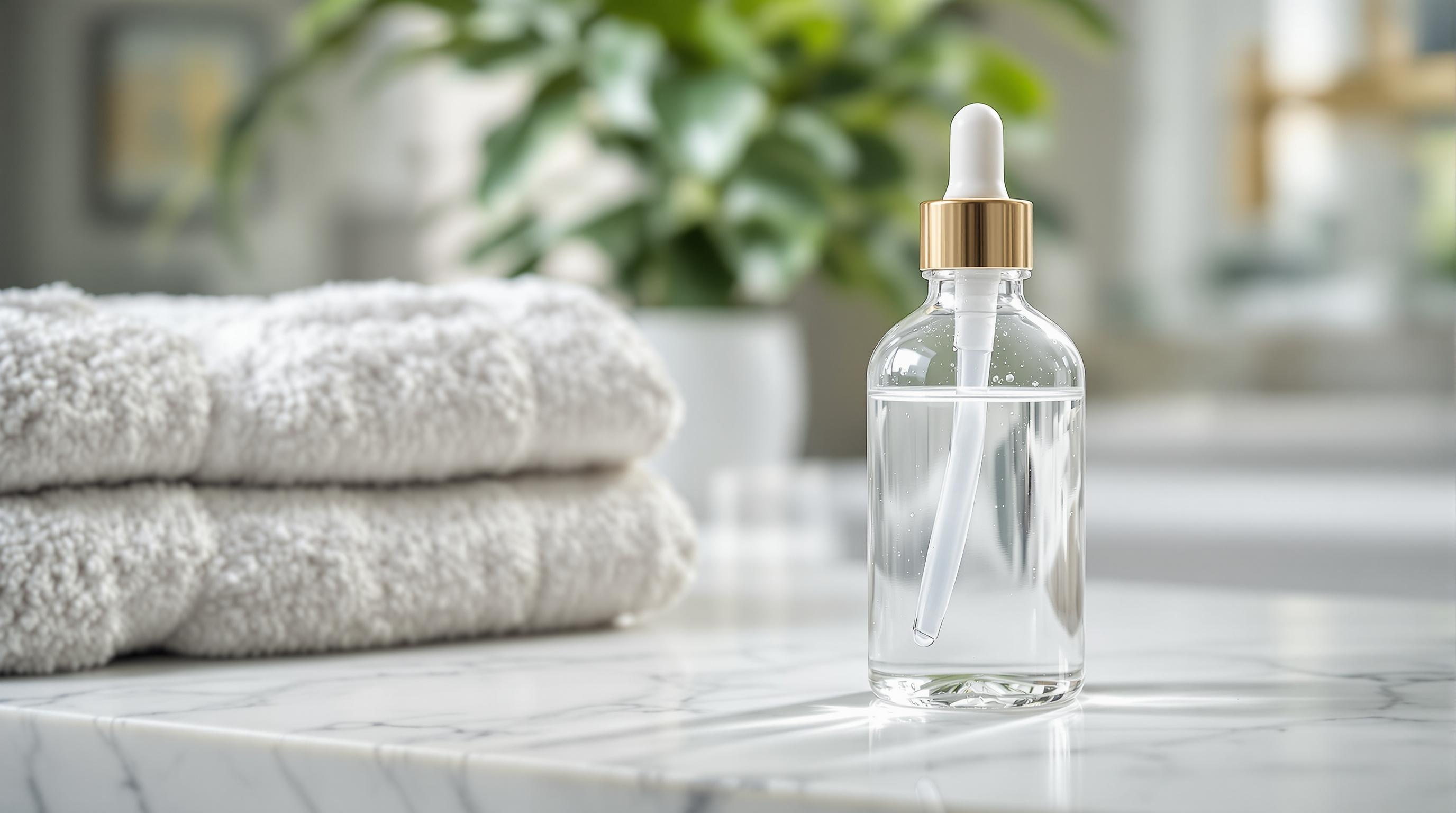 Bouteille compte-gouttes en verre transparent contenant un liquide clair, posée sur un plan de travail en marbre à côté de serviettes blanches pliées.