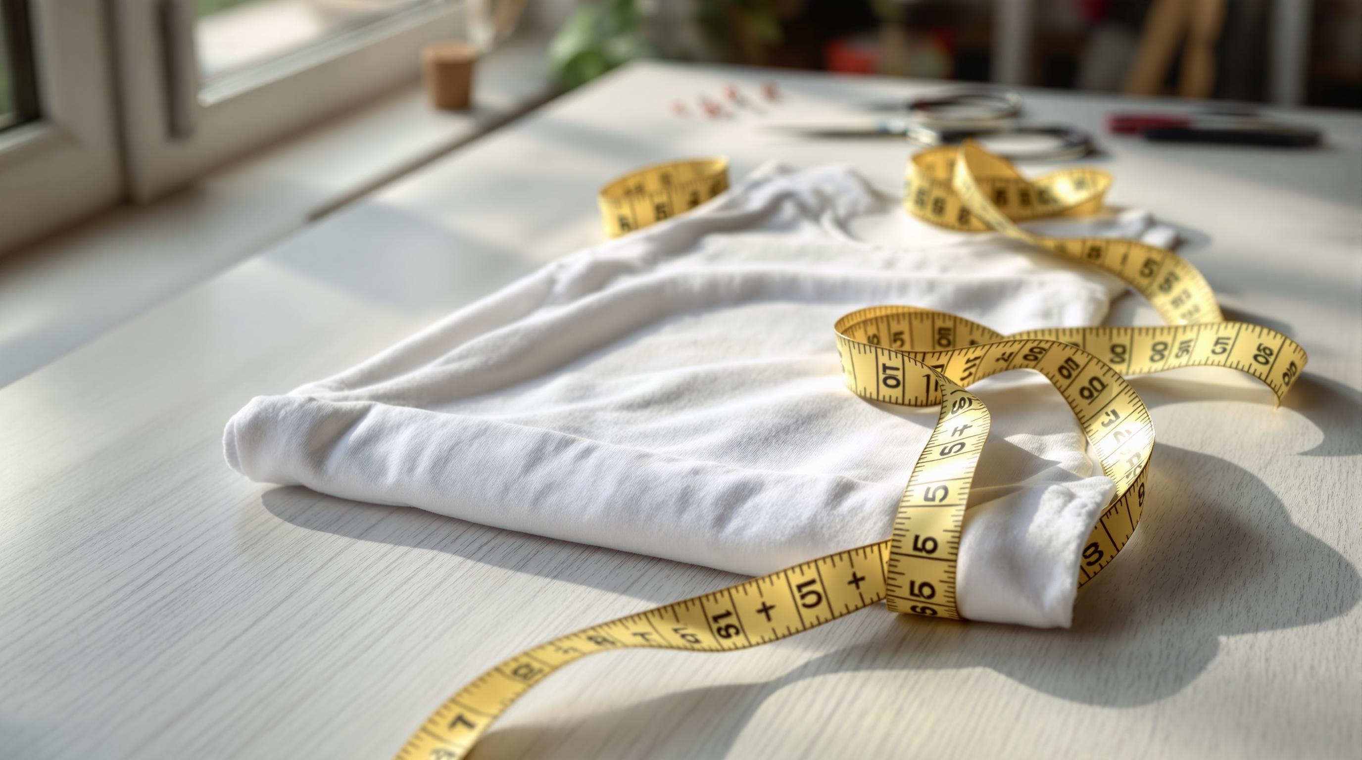 T-shirt blanc plié sur une table avec un mètre ruban jaune, dans une pièce lumineuse.
