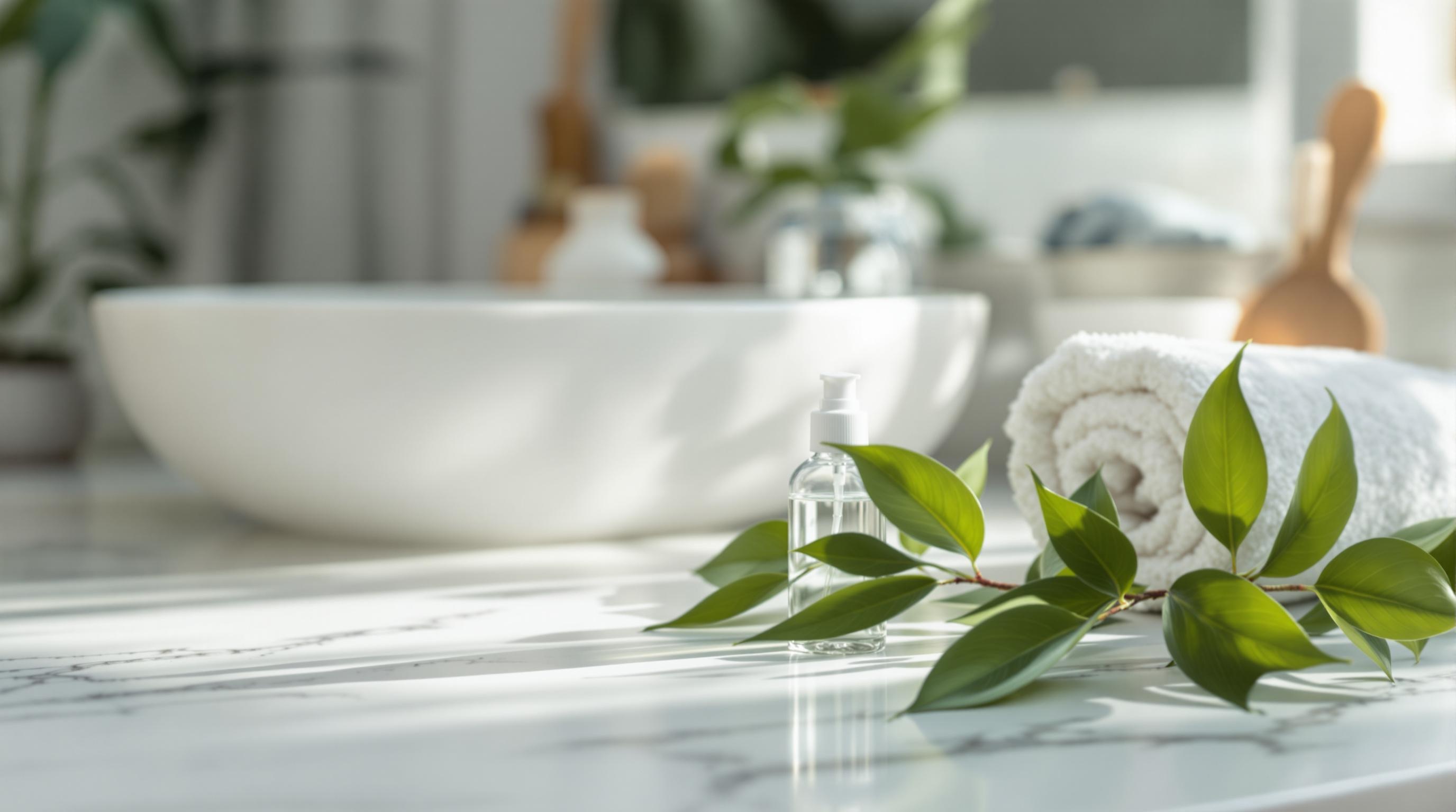 Salle de bain lumineuse avec une serviette roulée, une branche de feuilles vertes et un flacon pompe sur un plan de travail en marbre.