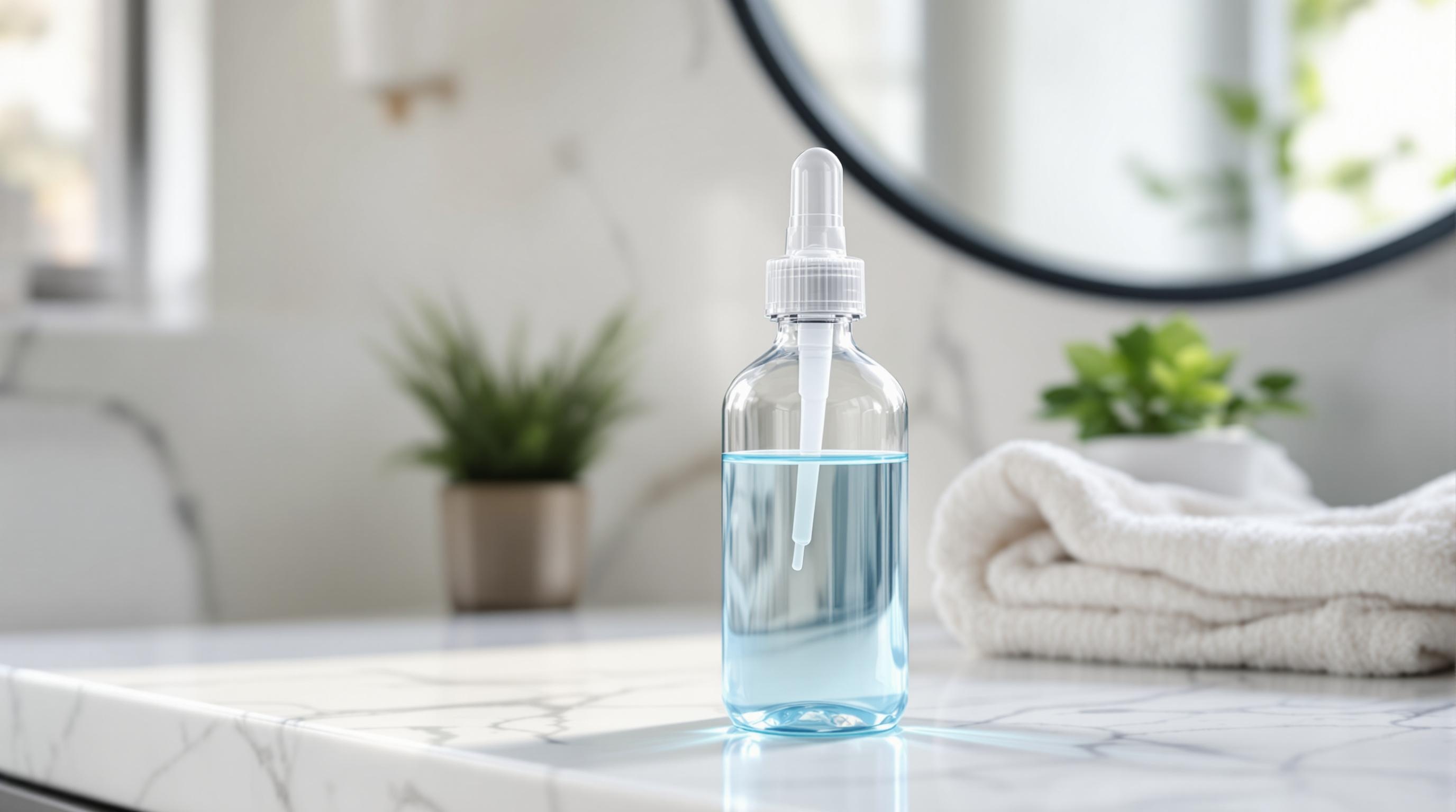 Flacon compte-gouttes transparent contenant un liquide bleu, posé sur un lavabo en marbre, avec une serviette blanche pliée et des plantes vertes en arrière-plan.