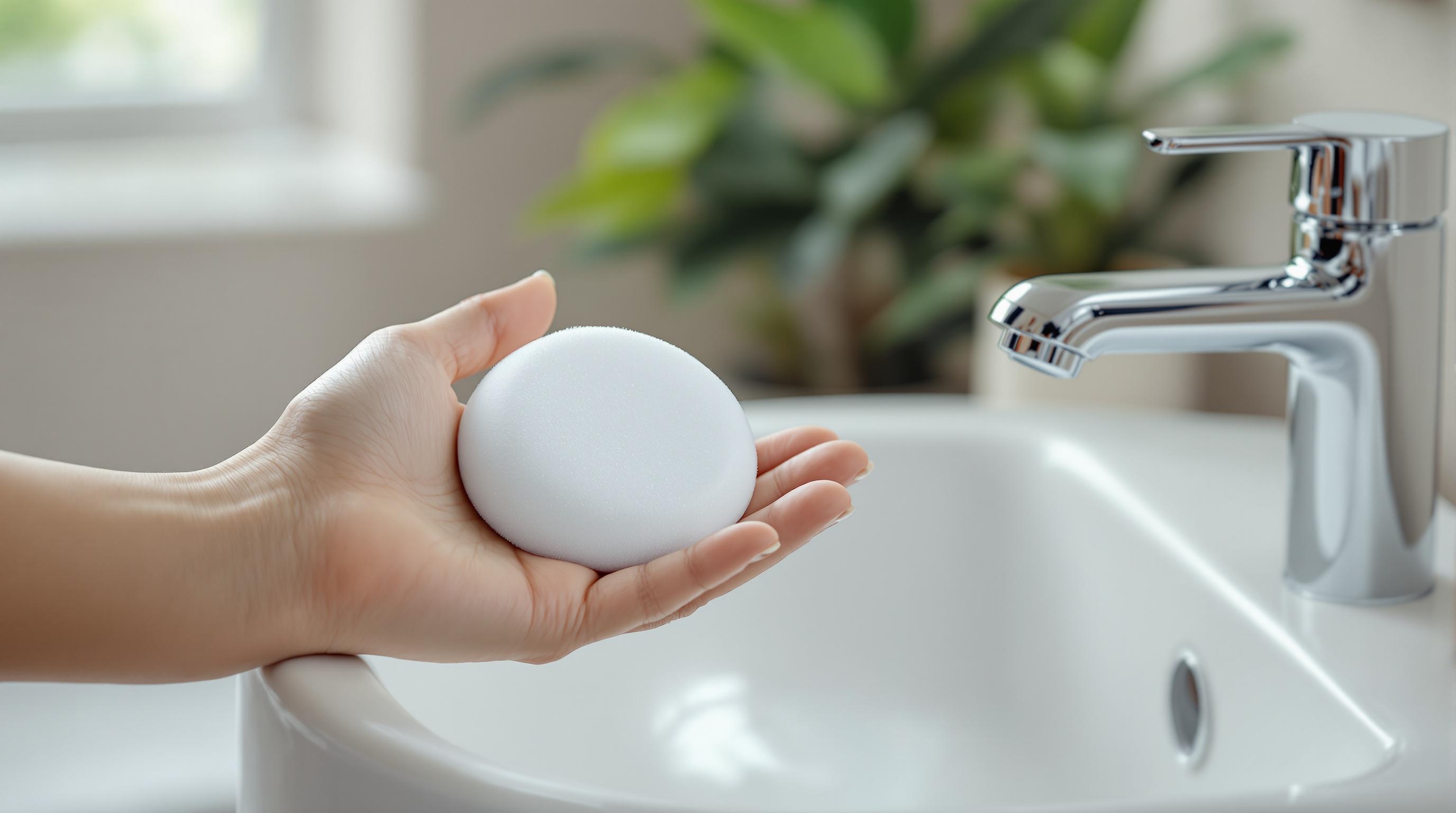 Main tenant une éponge ronde et blanche au-dessus d'un lavabo blanc avec un robinet chromé.