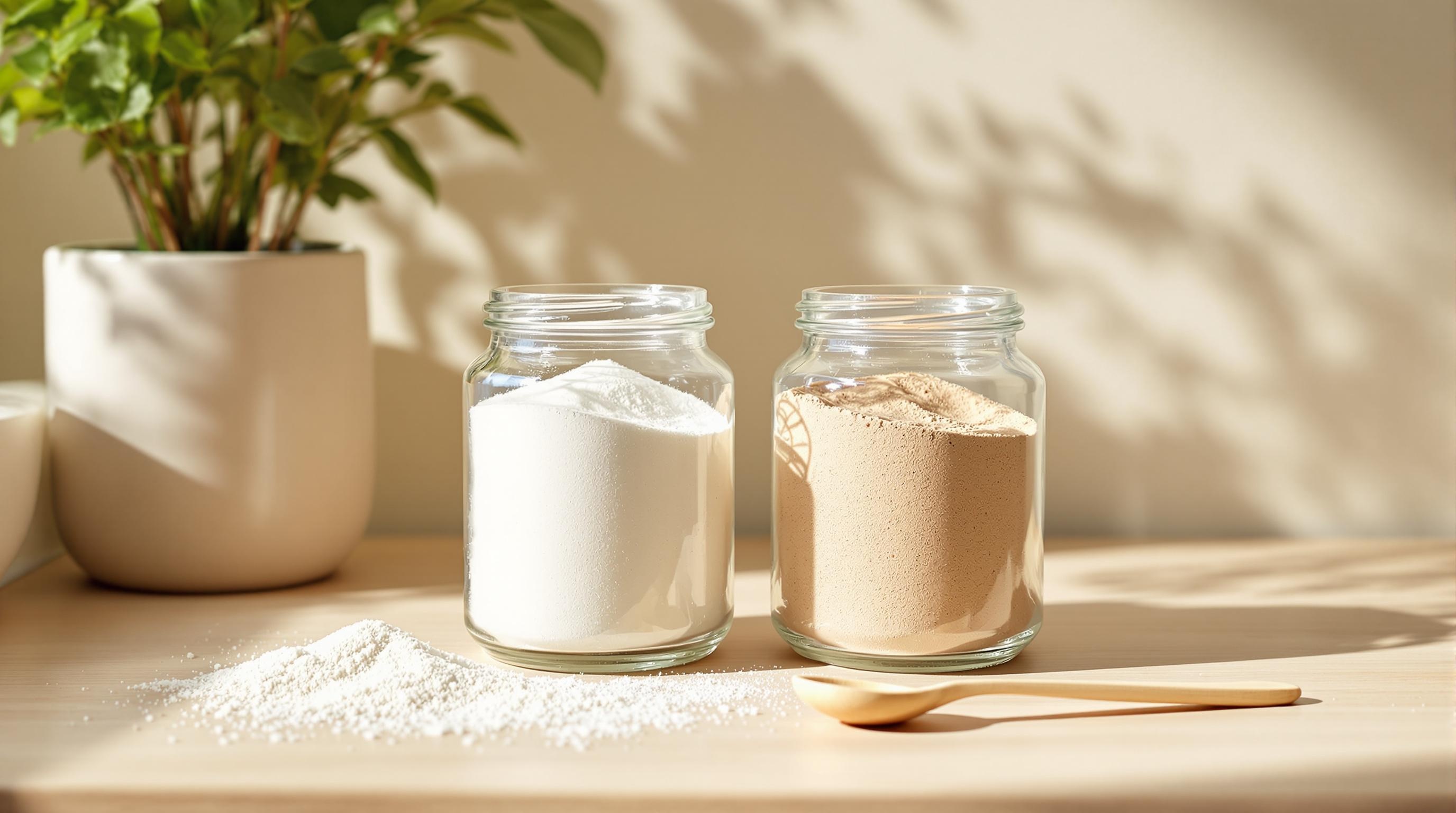 Deux bocaux en verre contenant des poudres, l’un blanche et l’autre beige, posés sur une table en bois à côté d’une plante verte en pot et d’une cuillère en bois, avec de la poudre renversée sur la table.