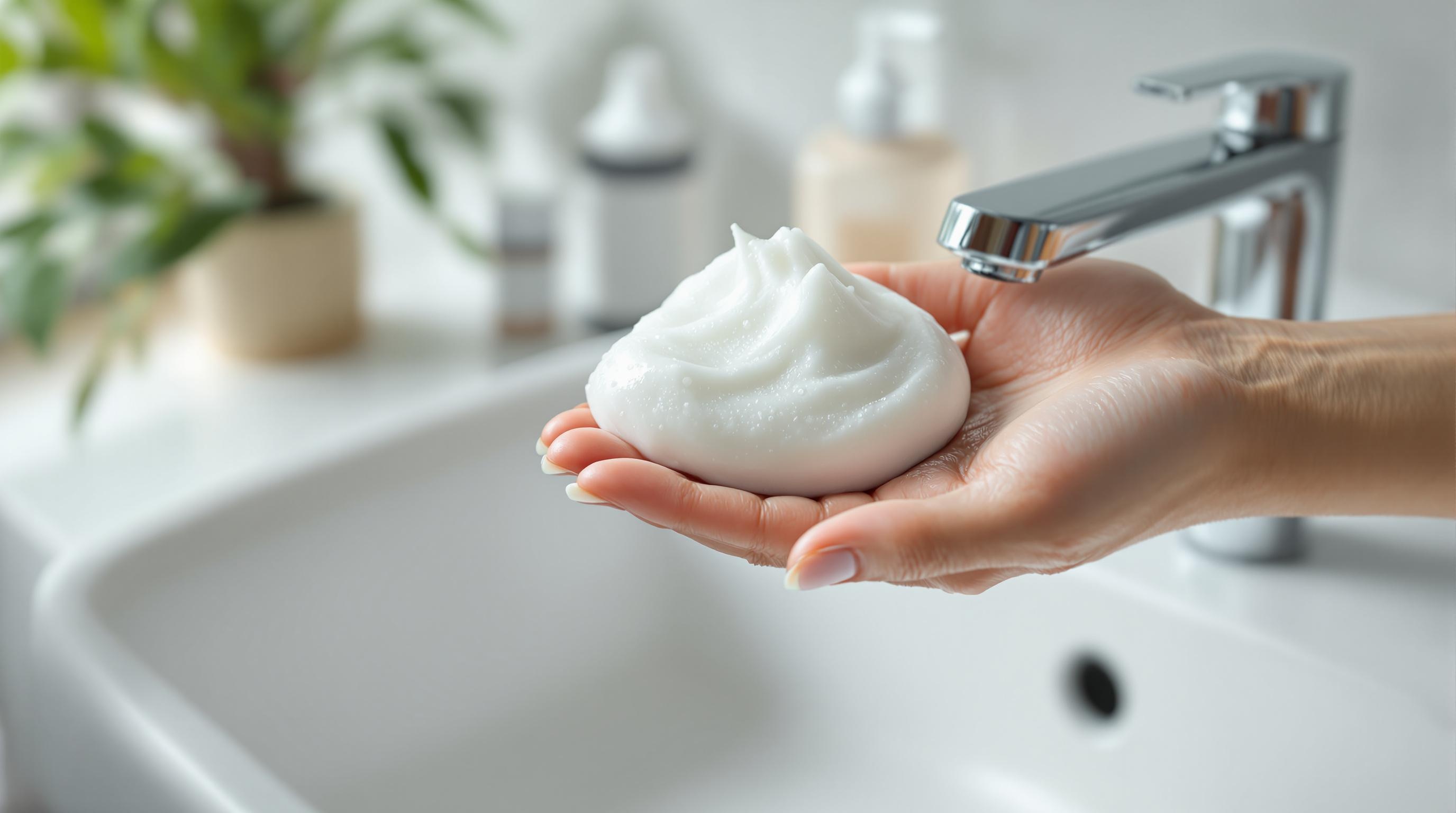 Main tenant de la mousse de savon blanche devant un lavabo.
