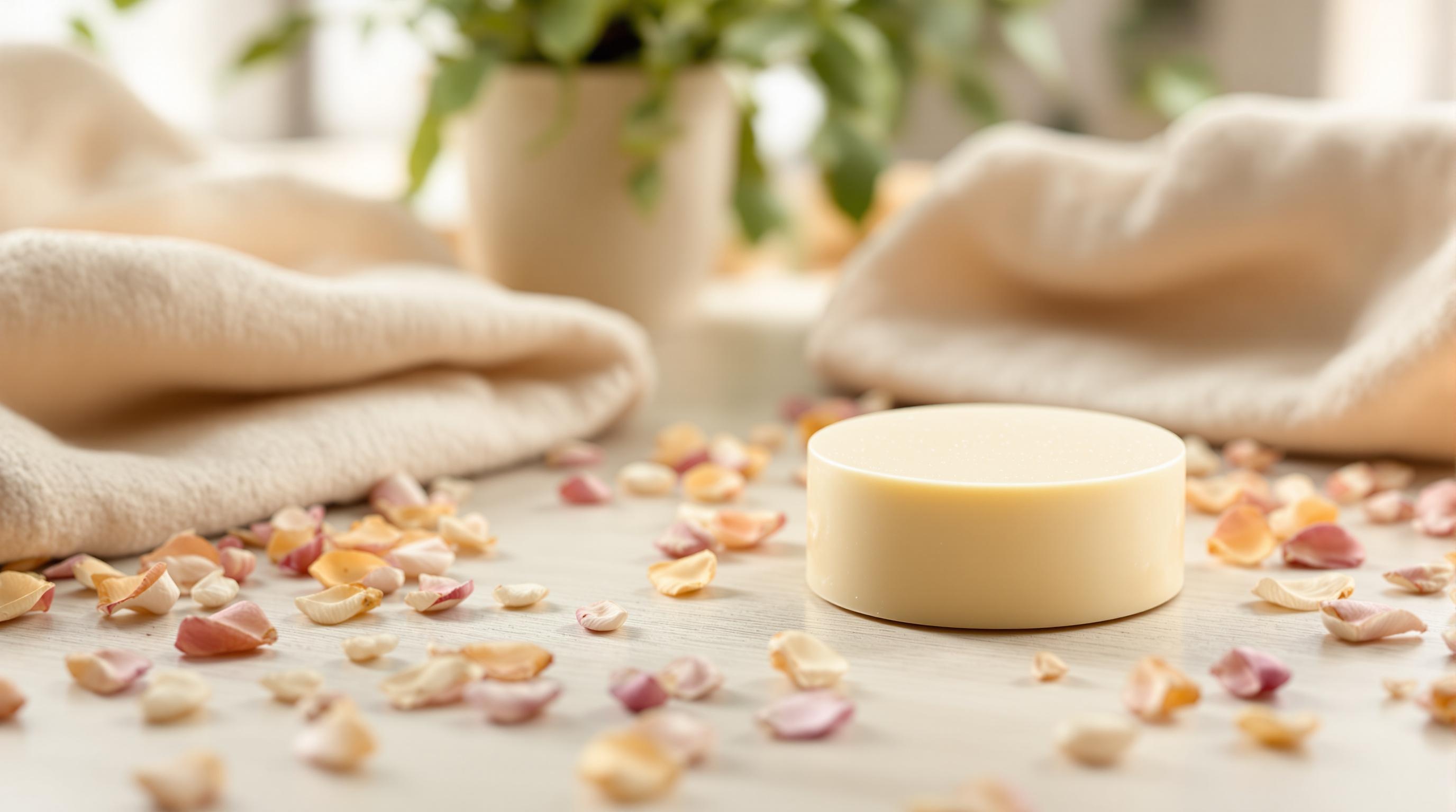 Un galet de savon solide posé sur une surface en bois entouré de pétales de fleurs séchées, avec des serviettes beiges et une plante en arrière-plan.