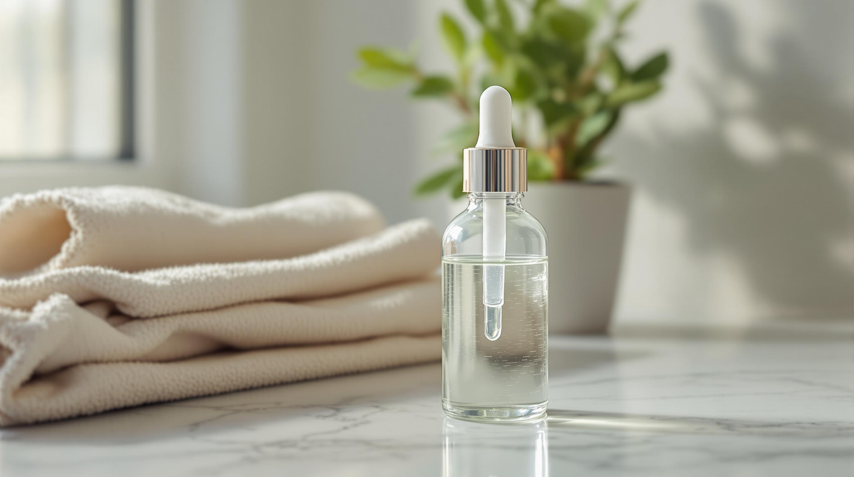Flacon compte-gouttes transparent contenant un liquide clair, posé sur une surface en marbre à côté de serviettes beiges, avec une plante en pot en arrière-plan.