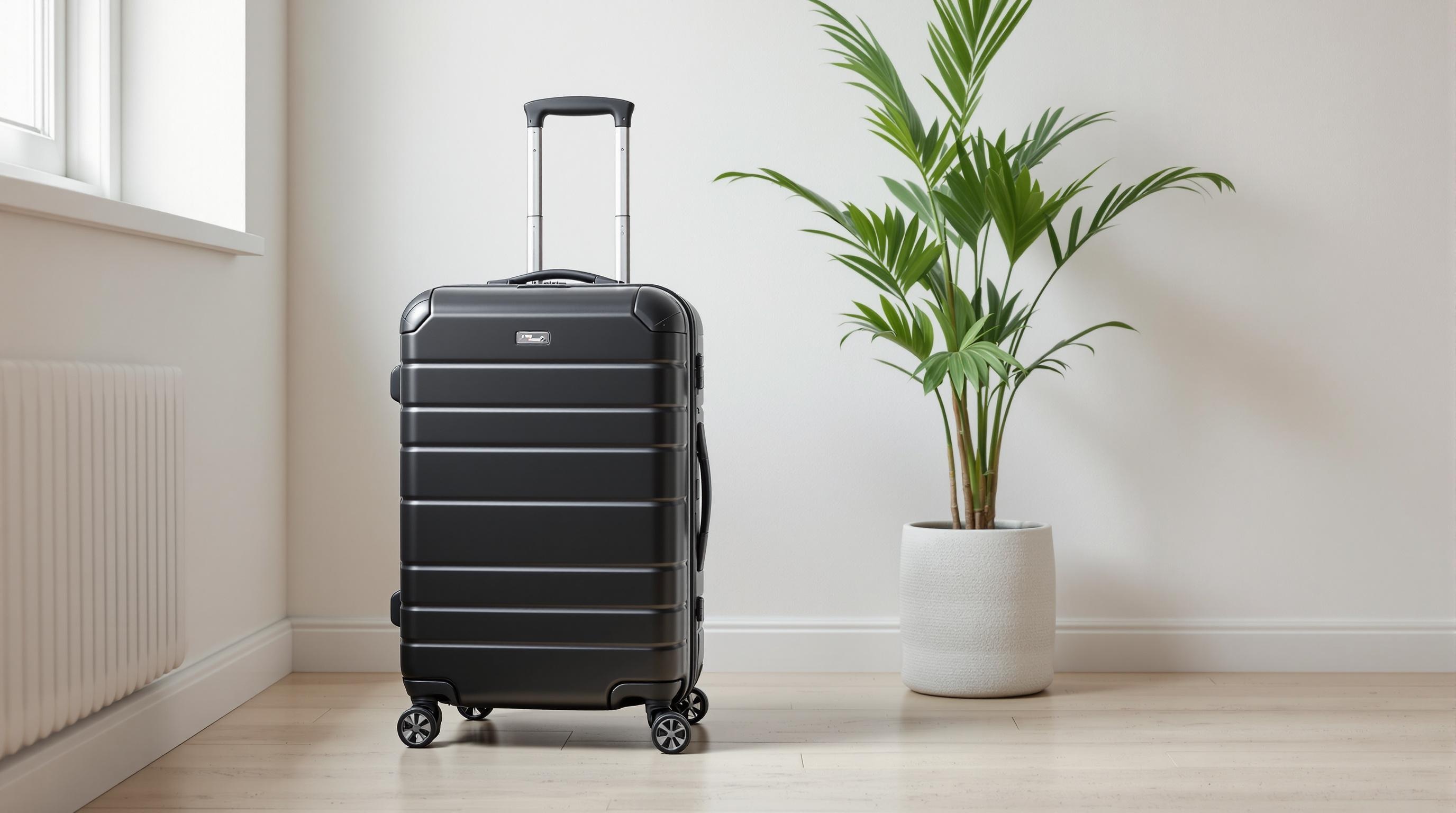Black suitcase on wheels, next to a large potted green plant, on a light wood floor in a bright room.