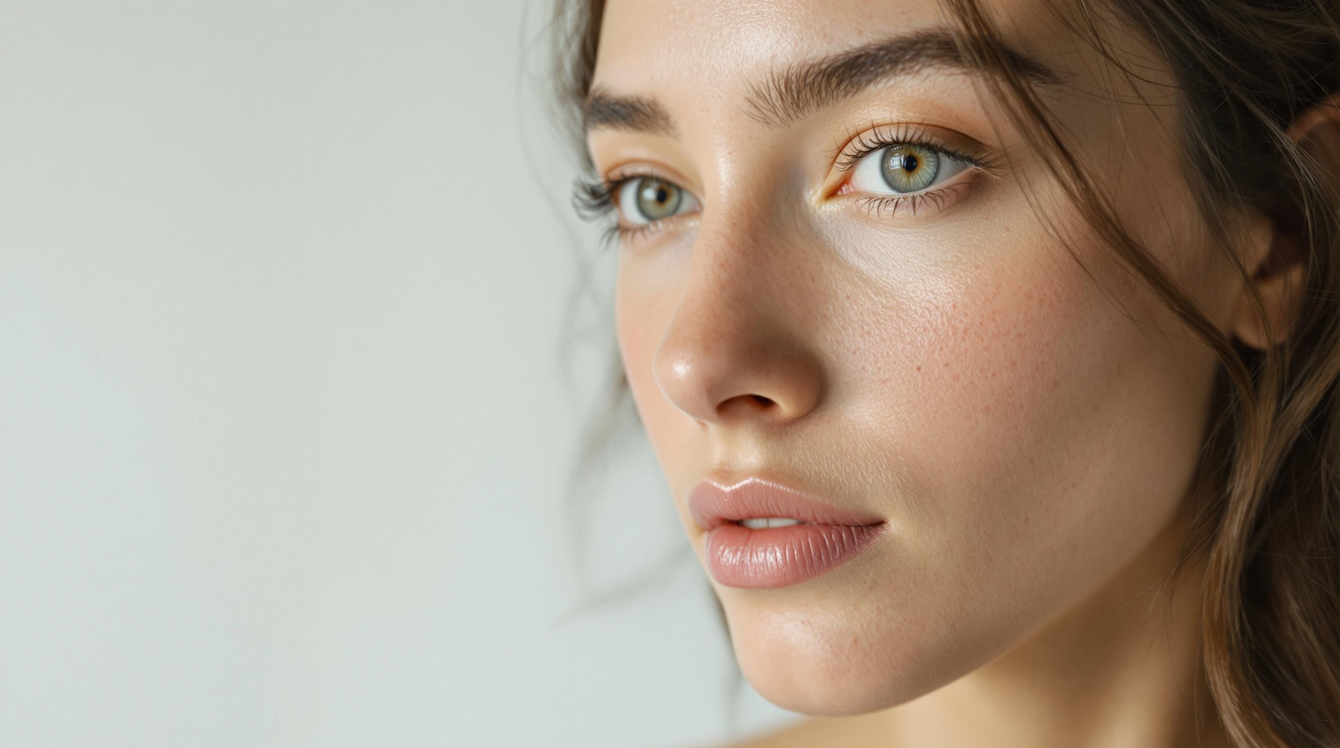 Gros plan sur le visage d'une jeune femme au teint clair, avec des yeux verts et des lèvres roses, éclairée par une lumière douce.