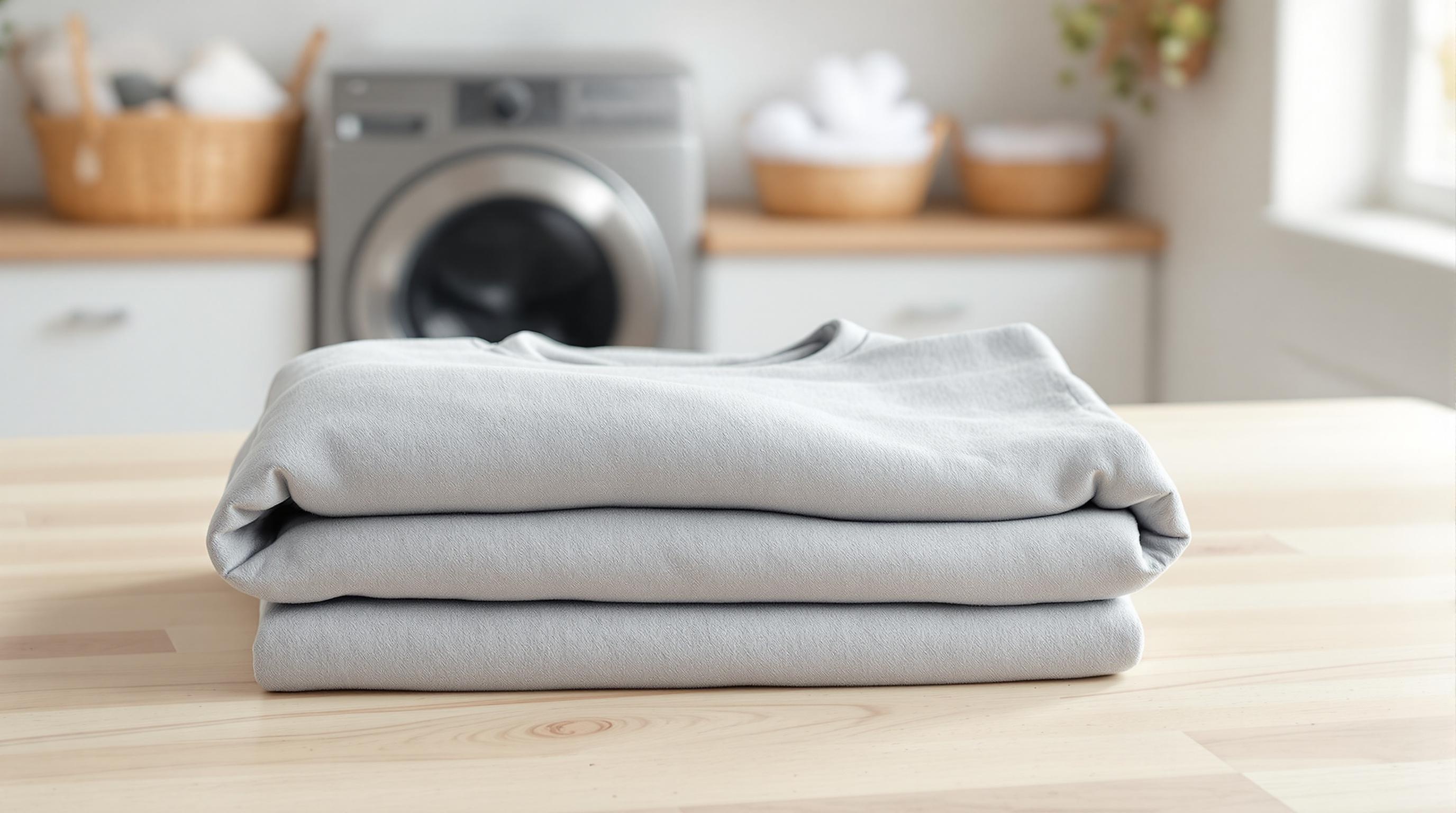 Deux sweats gris pliés sur une table en bois dans une buanderie avec une machine à laver en arrière-plan.