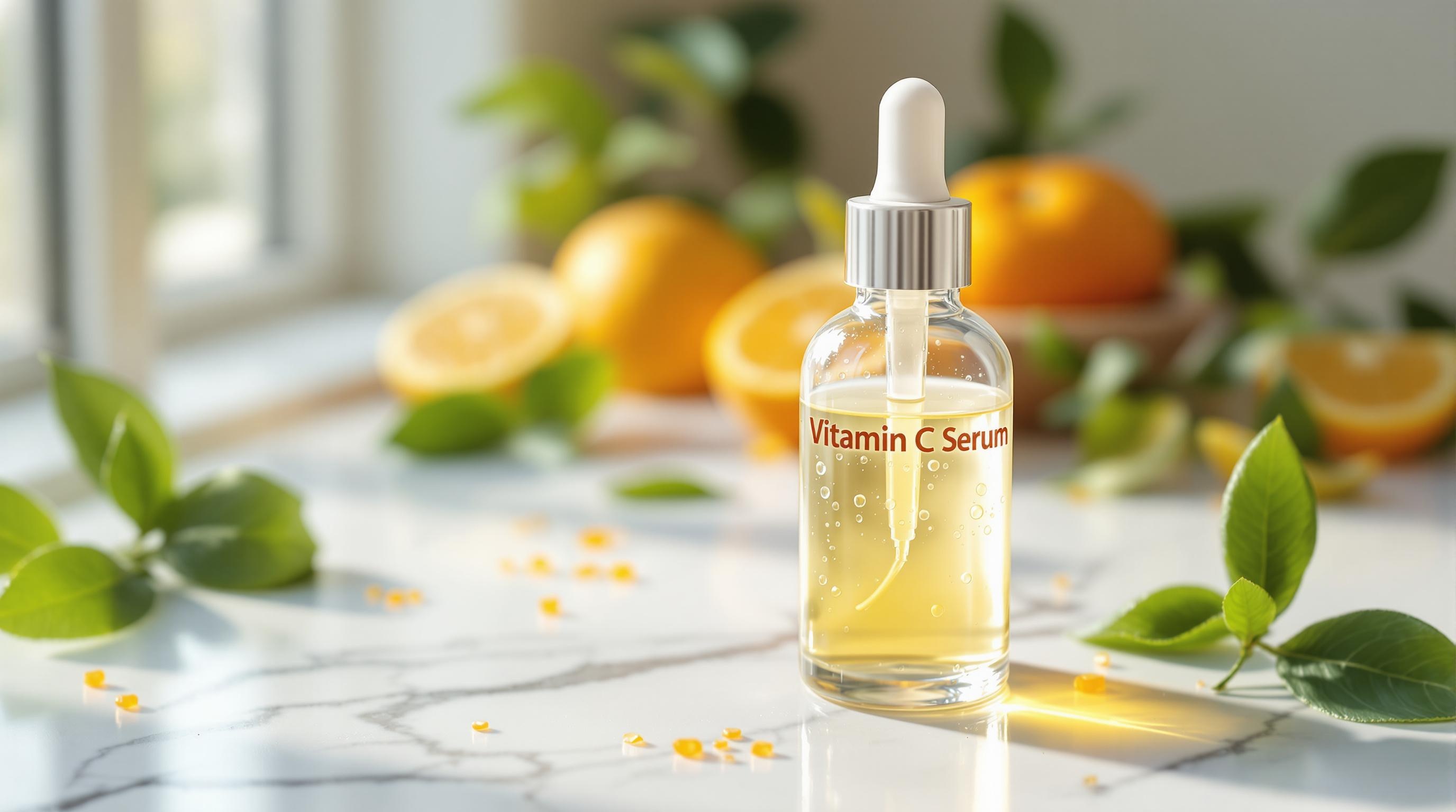 Flacon de sérum à la vitamine C avec une pipette, posé sur une table en marbre, entouré de feuilles vertes et d'oranges coupées.