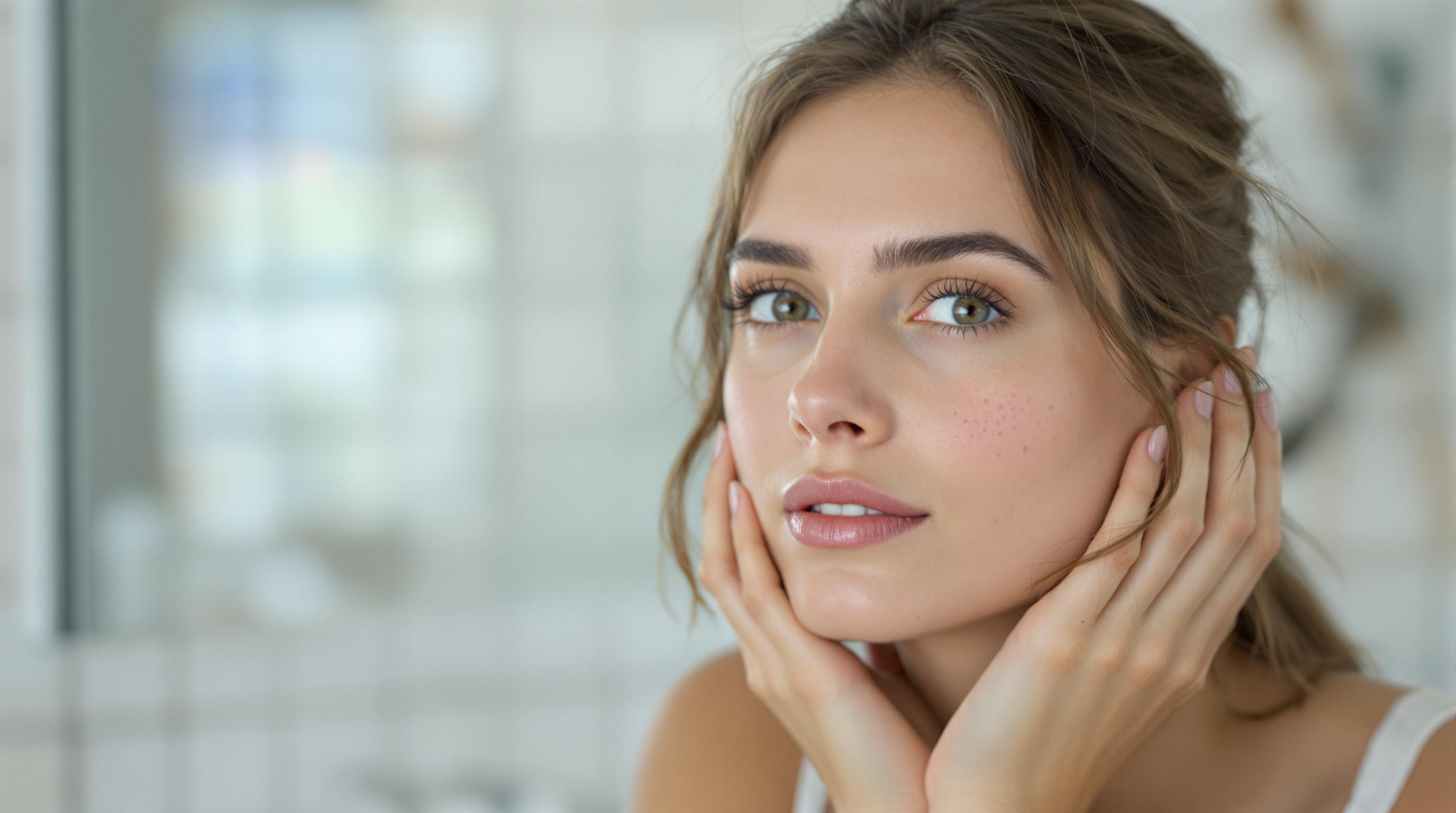 Femme aux yeux verts touchant son visage, regardant vers l’avant, avec un fond flou de salle de bain.