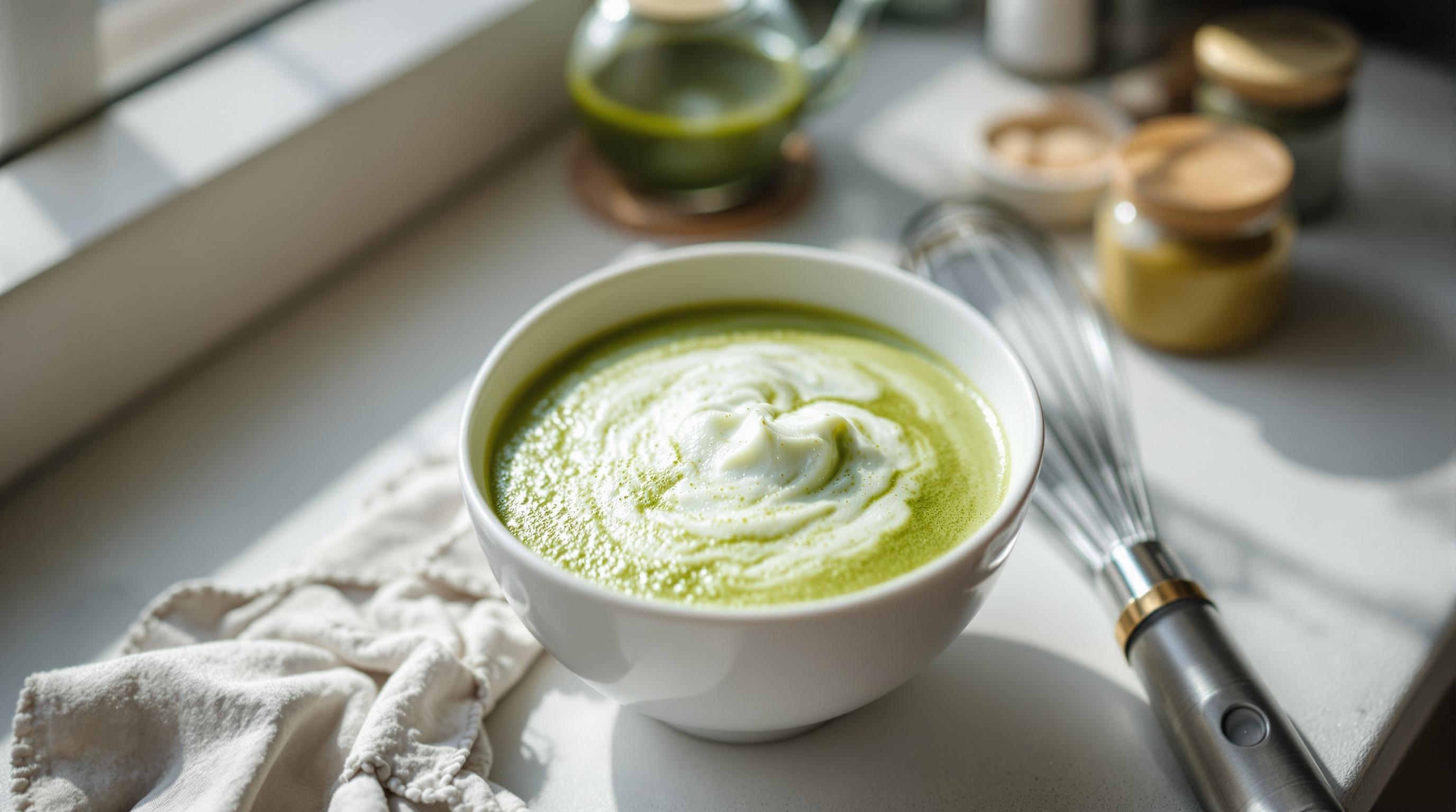 Bol de matcha latte crémeux avec mousse de lait, posé sur une table près d’une fenêtre, accompagné d’un fouet à matcha et d’un linge blanc.