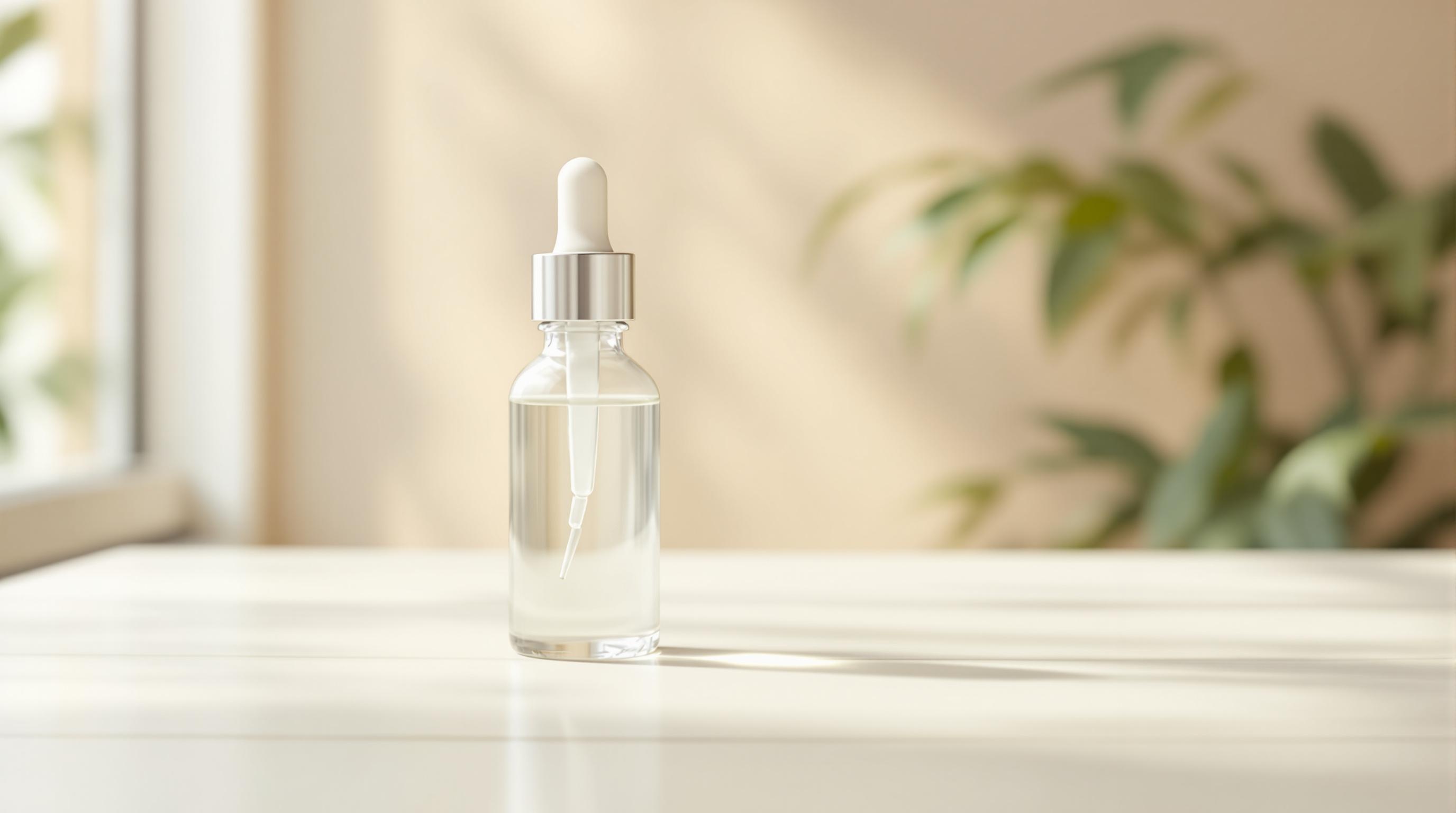 Flacon compte-gouttes transparent contenant un liquide clair, posé sur une surface blanche avec une plante floue en arrière-plan.