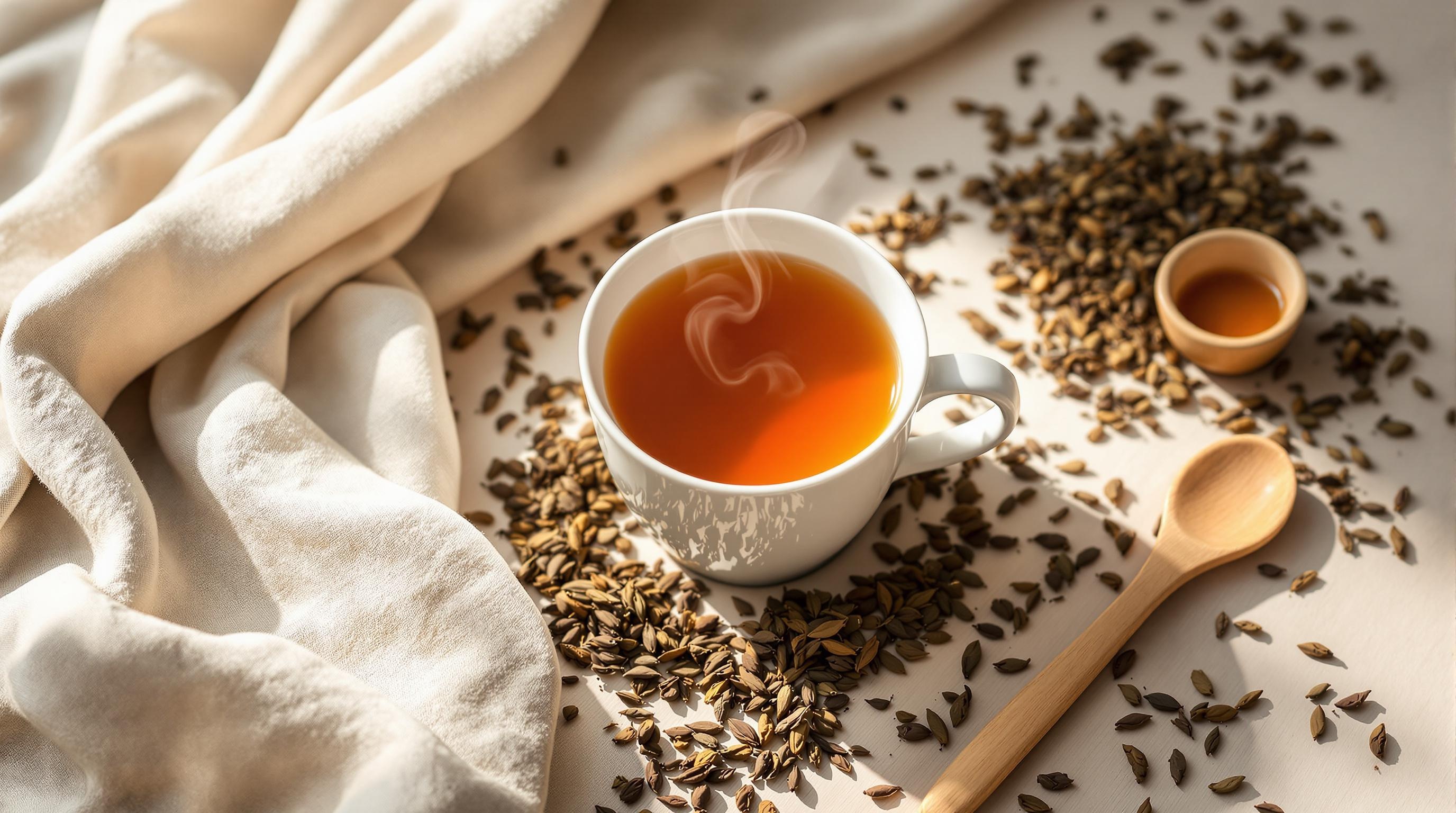Tasse de tisane fumante posée sur une table, entourée de graines, d’une cuillère en bois, d’un petit bol et d’un tissu beige.