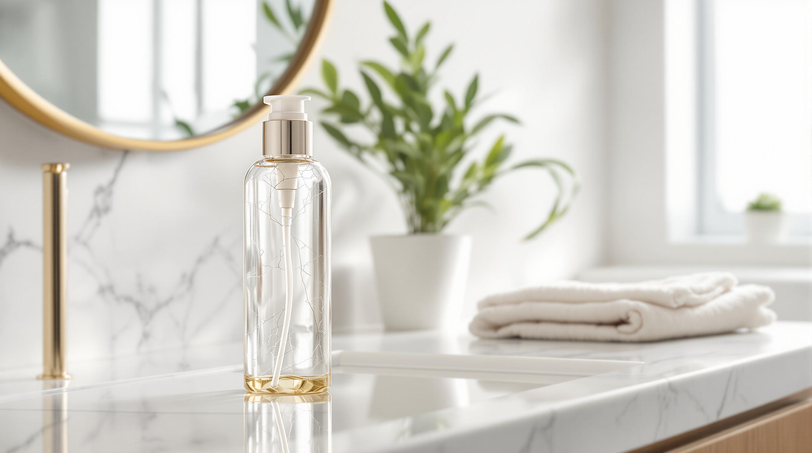 Flacon distributeur transparent avec pompe dorée posé sur un lavabo en marbre blanc, plante verte en pot et serviettes pliées en arrière-plan dans une salle de bain lumineuse.