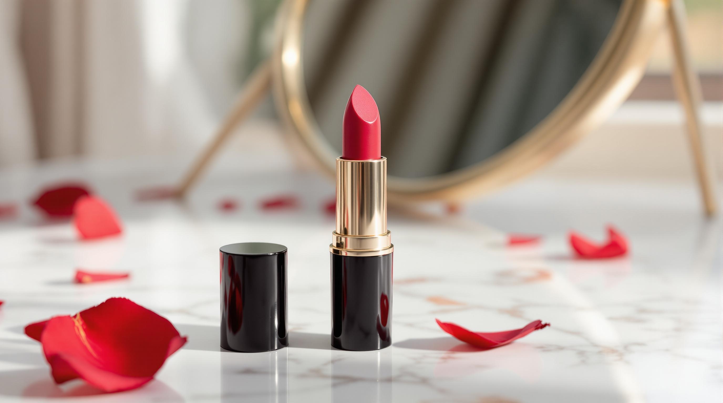Rouge à lèvres rouge ouvert sur une surface en marbre avec des pétales de rose et un miroir flou en arrière-plan.