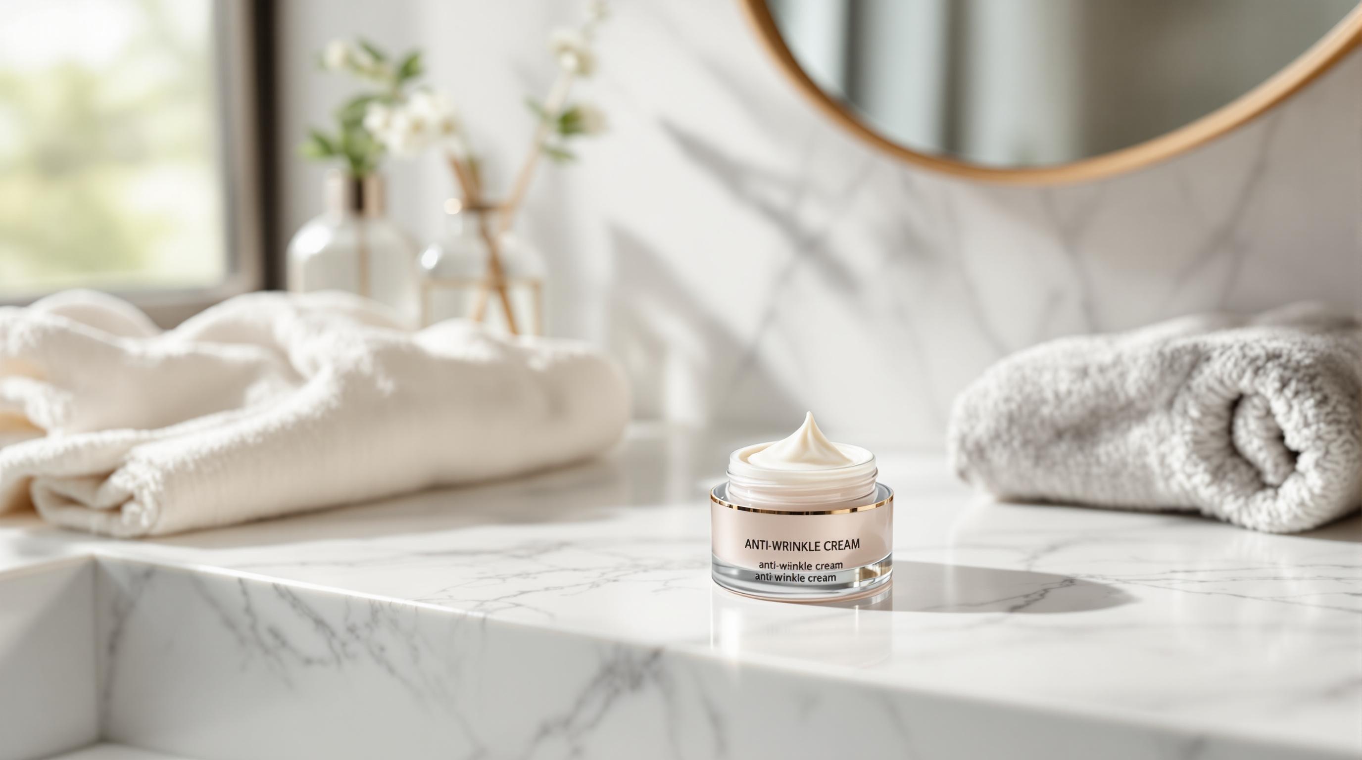 Pot de crème anti-rides posé sur un comptoir de salle de bain en marbre, avec des serviettes roulées et des accessoires de décoration en arrière-plan.