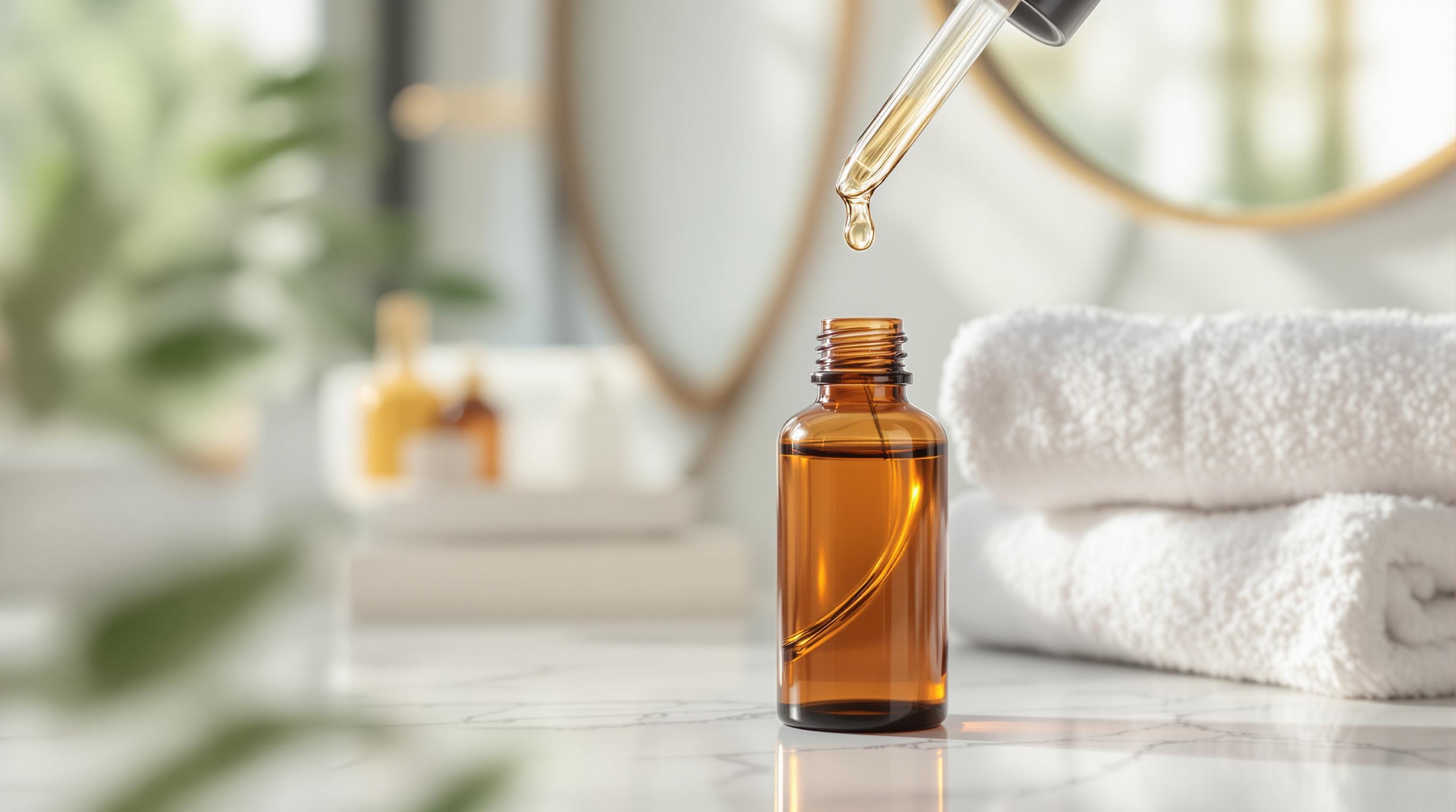 Flacon en verre ambré avec pipette laissant tomber une goutte d'huile, posé sur une surface en marbre devant des serviettes blanches.