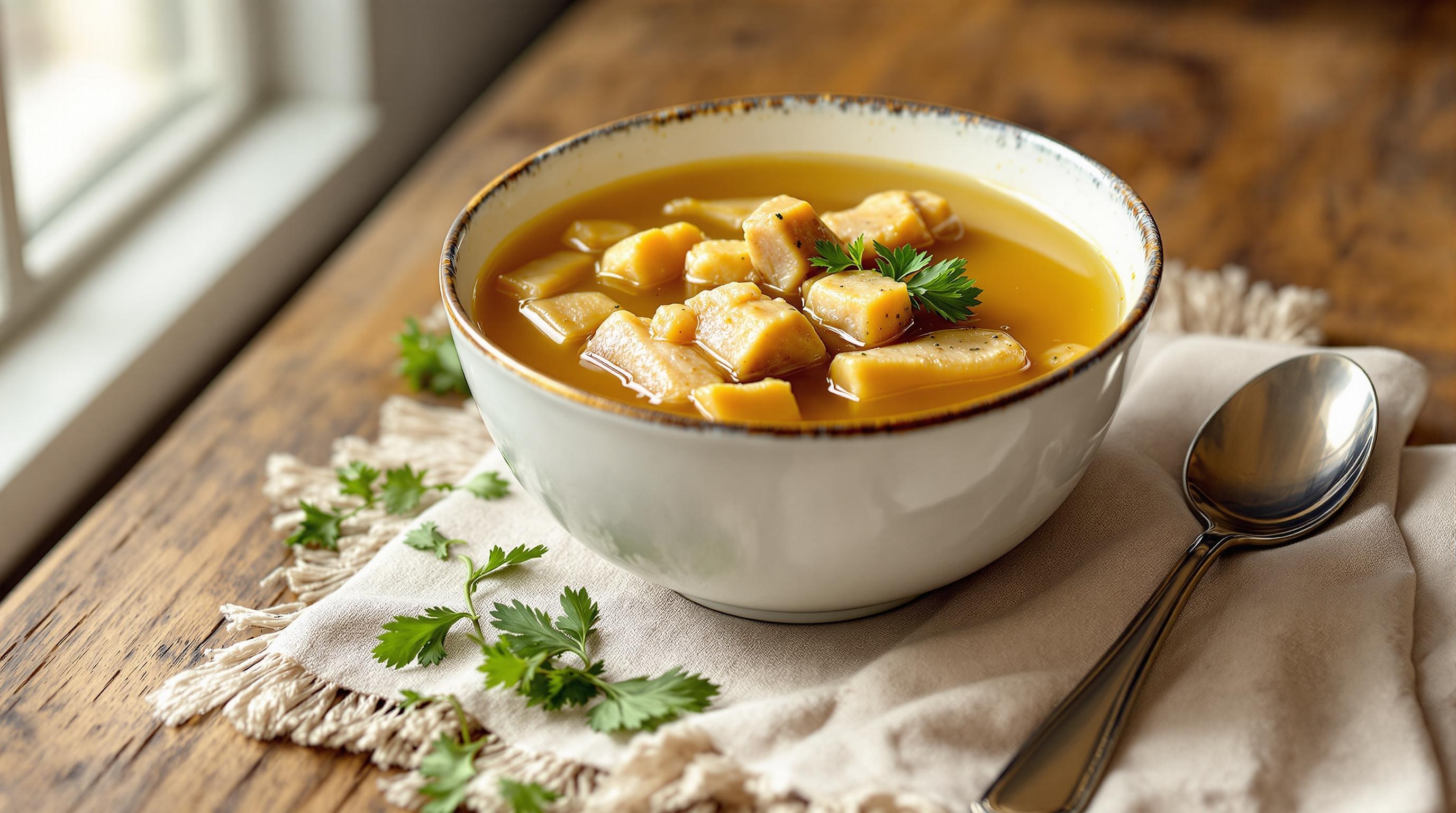 Bol de soupe de légumes avec morceaux de légumes et herbes fraîches, posé sur une nappe près d'une cuillère en métal.