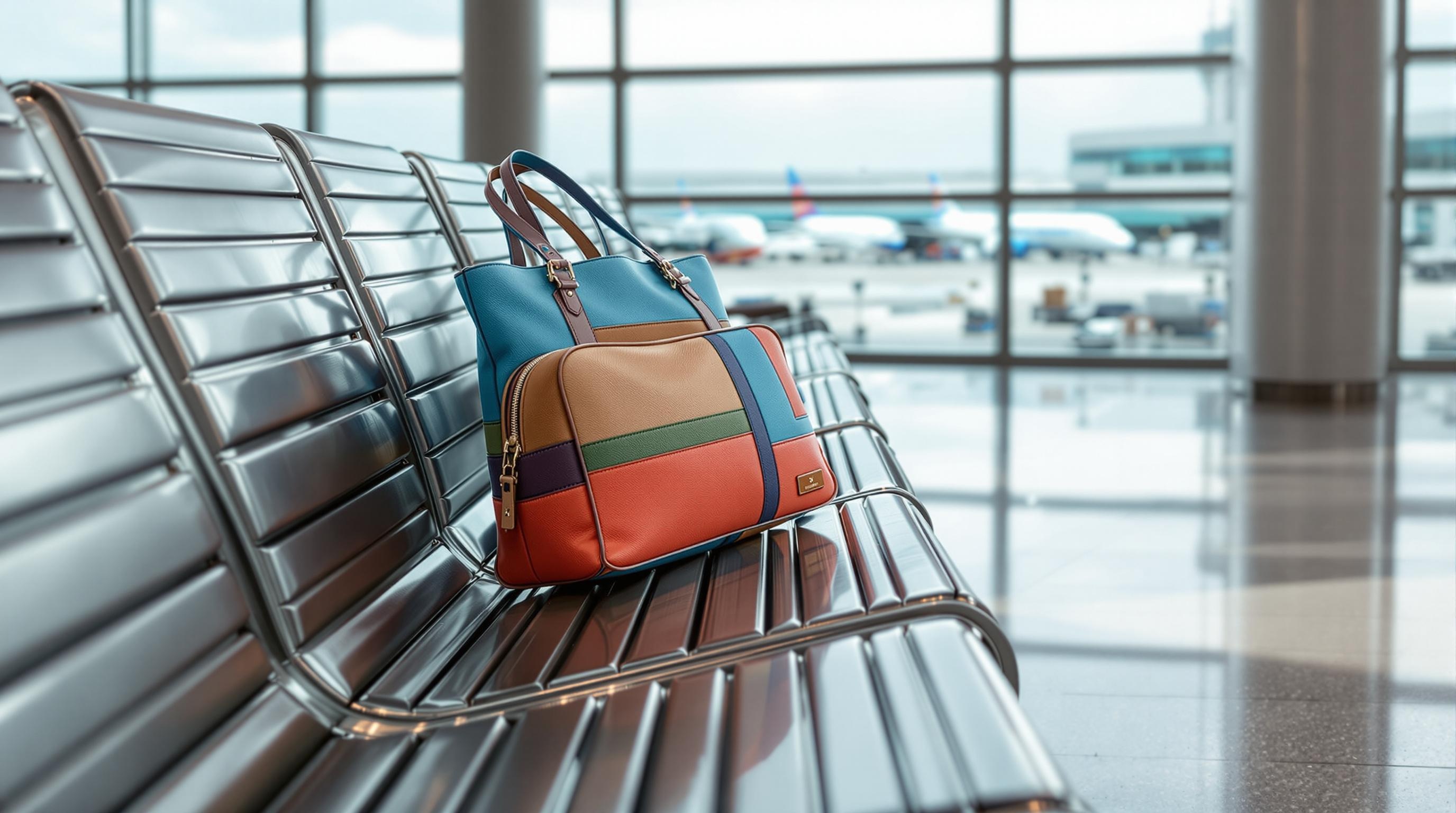 Deux sacs colorés posés sur un banc métallique dans un hall d’aéroport, avec des avions visibles à l’extérieur par les grandes vitres.