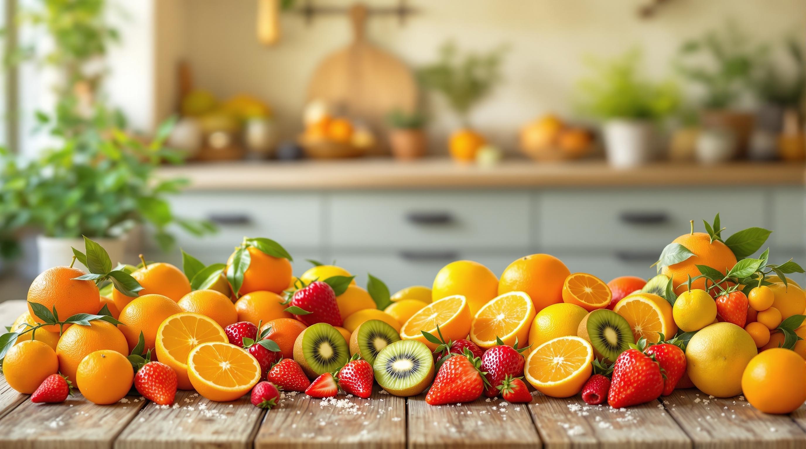Assortiment de fruits frais comprenant des oranges, citrons, kiwis, fraises et clémentines posés sur une table en bois dans une cuisine lumineuse.