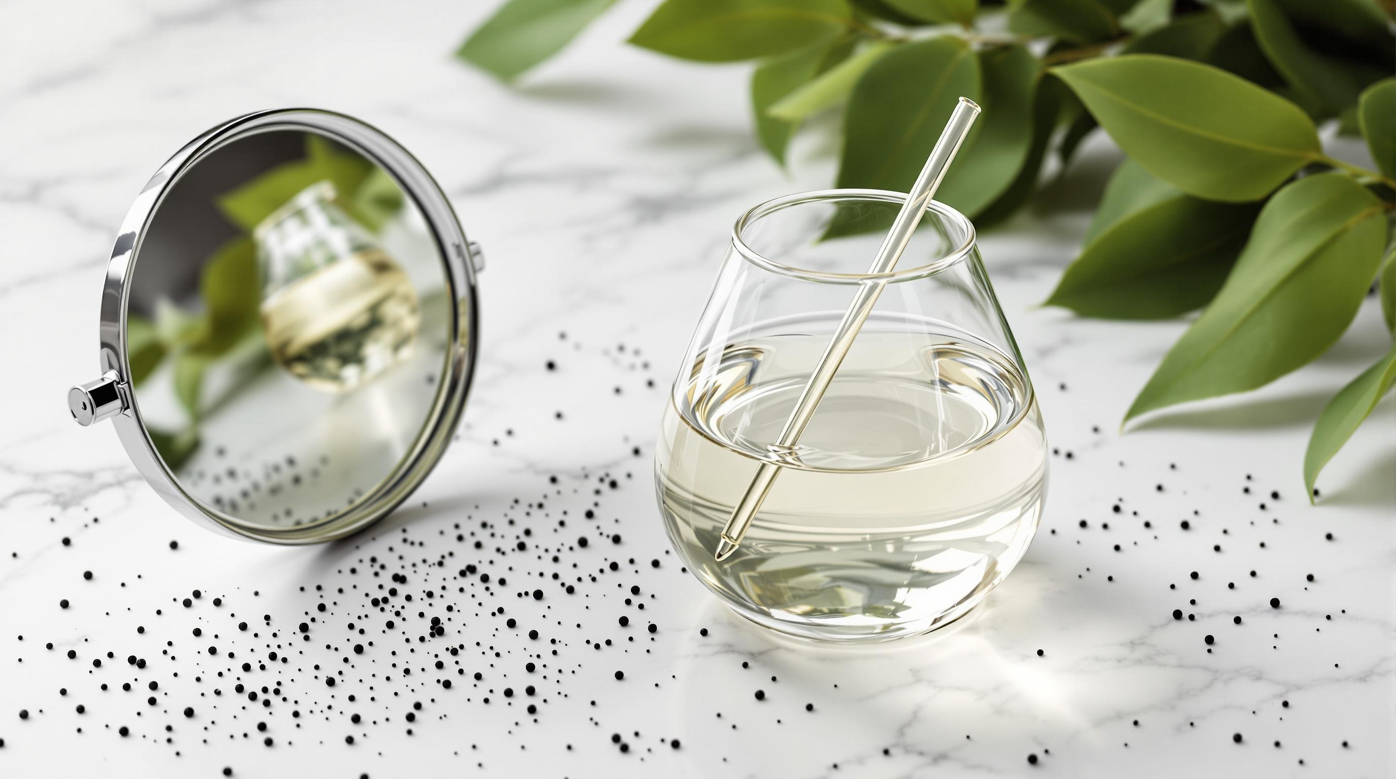 Un verre contenant un liquide transparent et une paille, posé sur une surface en marbre, avec un miroir rond, des feuilles vertes et des grains noirs dispersés autour.