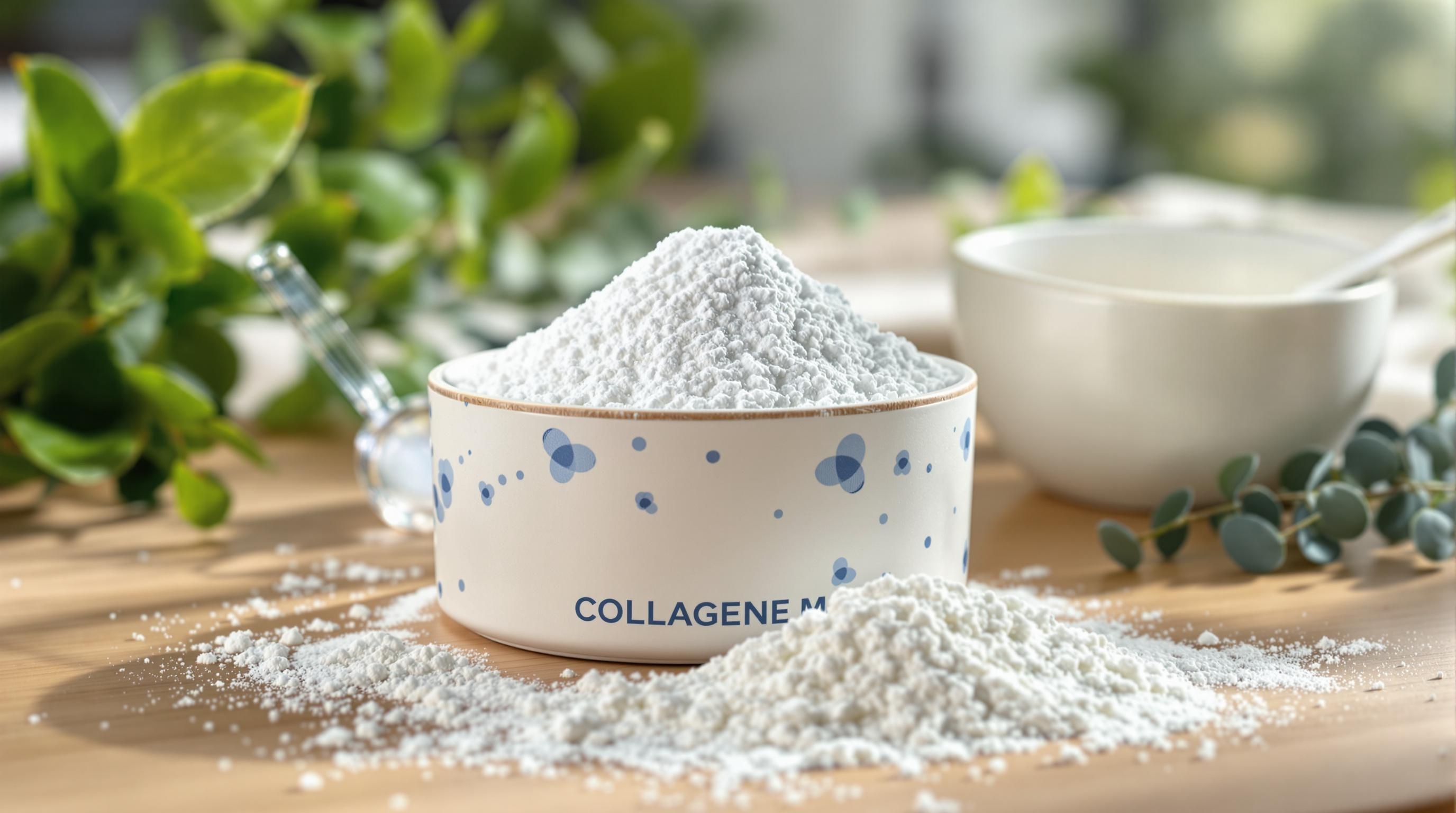 Bol de poudre blanche de collagène marin posé sur une table en bois, entouré de feuilles vertes et d'ustensiles.