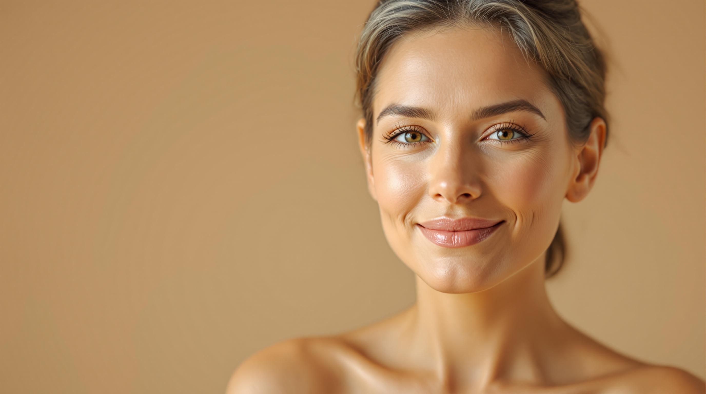 Portrait d'une femme souriante avec un teint lumineux sur un fond beige.