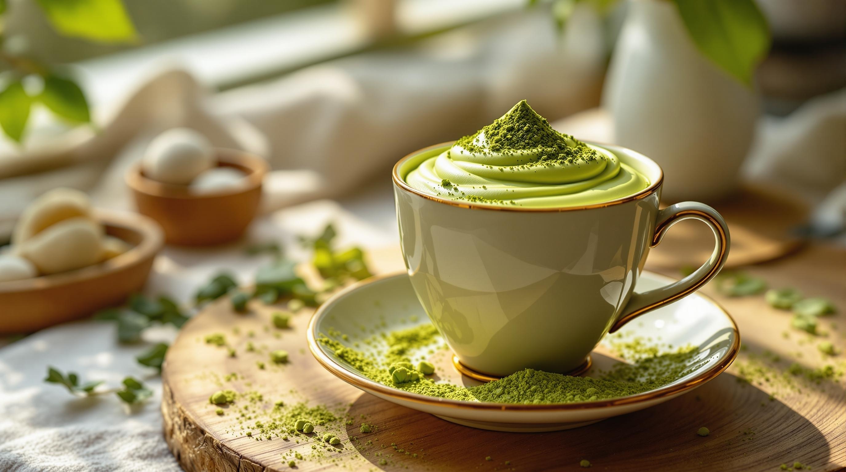 Tasse de thé matcha crémeux garnie de poudre de matcha, posée sur une soucoupe et un plateau en bois, avec une ambiance lumineuse et naturelle.