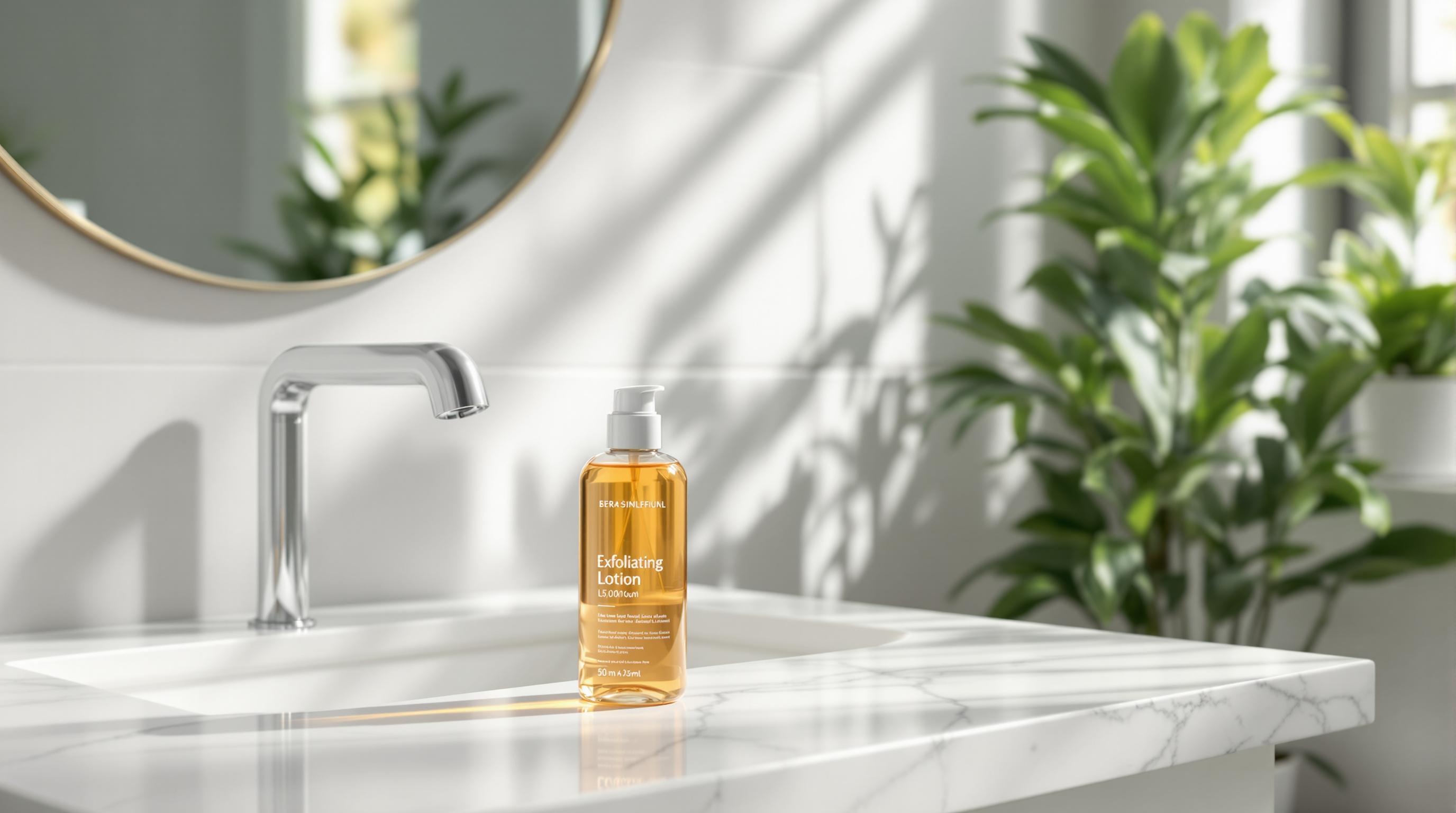 Flacon de lotion exfoliante transparent sur un lavabo en marbre blanc, robinet moderne, miroir rond et plantes vertes en arrière-plan.