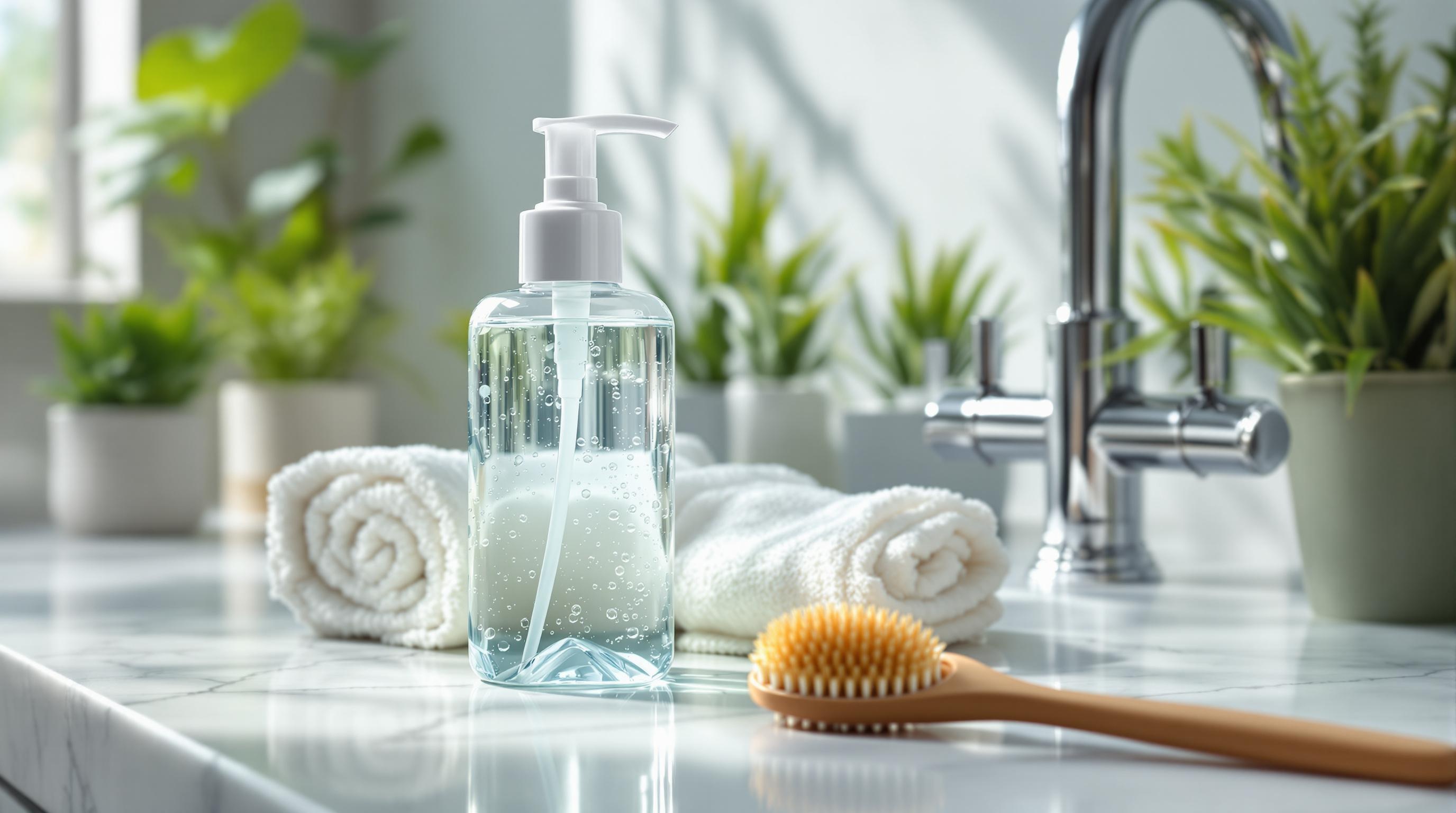 Bouteille de savon liquide avec pompe posée sur un comptoir de salle de bain, entourée de serviettes blanches roulées, d'une brosse et de plantes vertes en pots.
